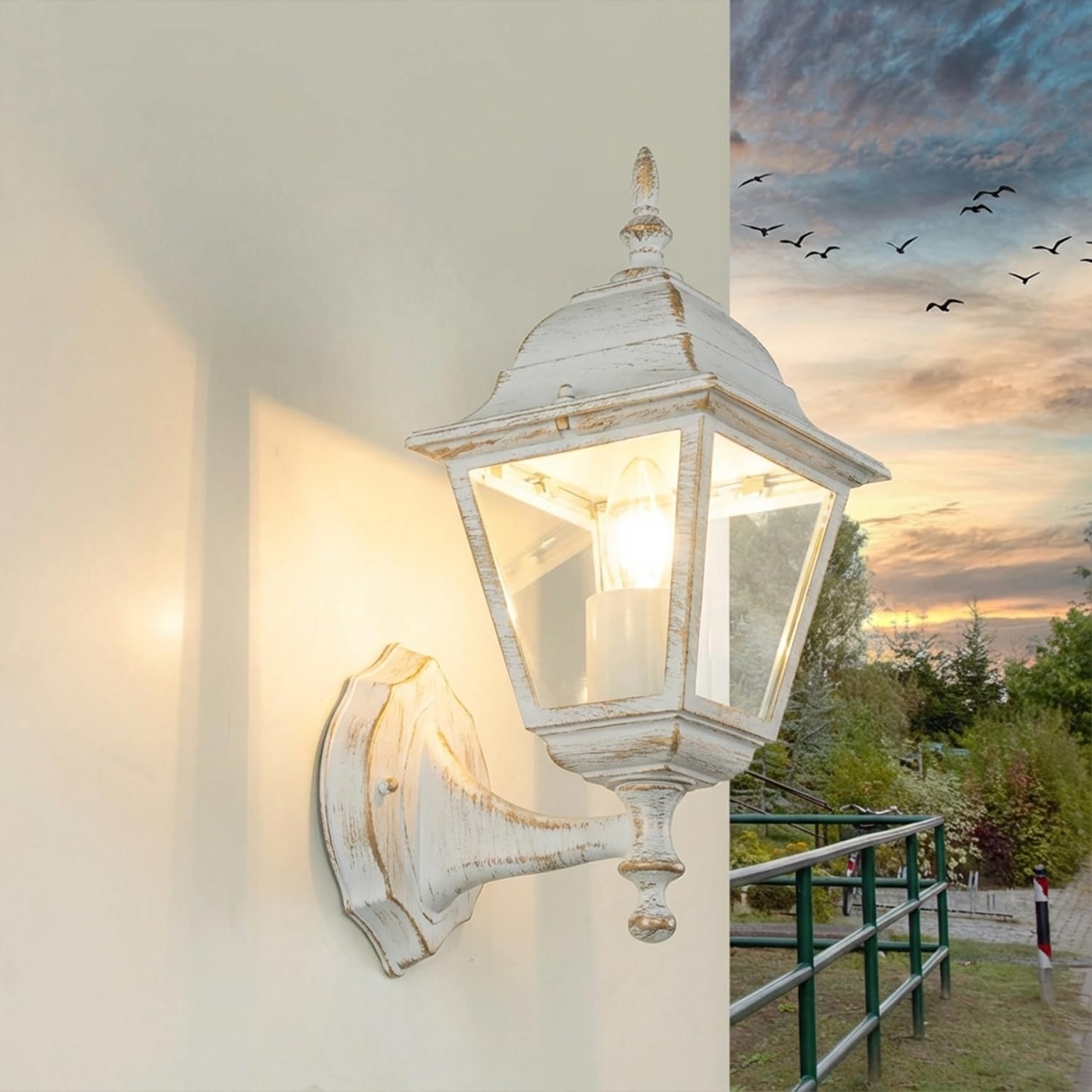 TIROL Lámpara de Pared de Exterior Blanca Diseño rústico Farol IP44 E27 Aplique para jardín balcón