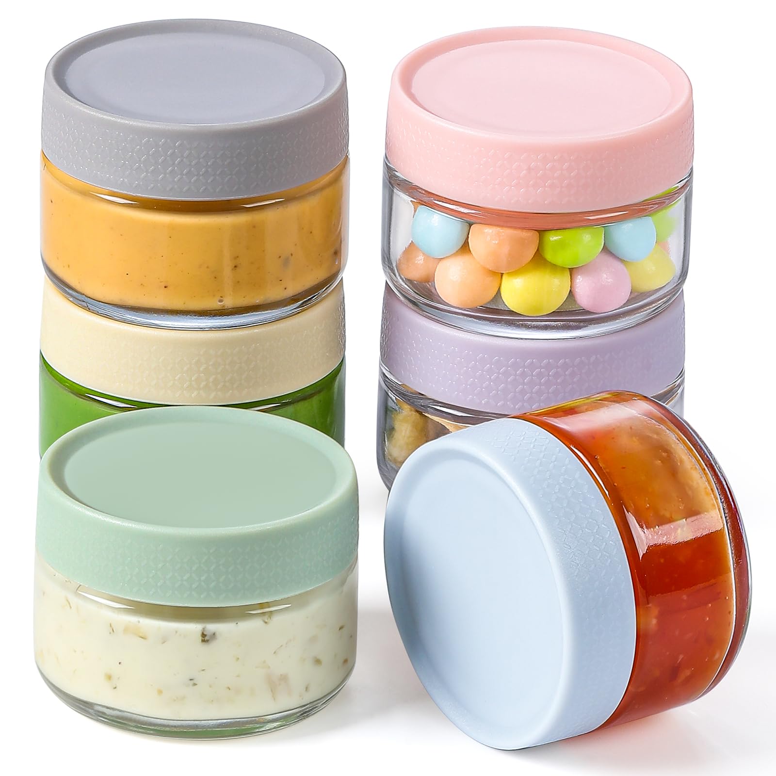 AOZITA Glass Salad Dressing Containers To Go, 6 Pack Condiment Cups with Lids, 2 oz Leakproof Reusable Sauce Cups for Lunch Box, Picnic and Travel