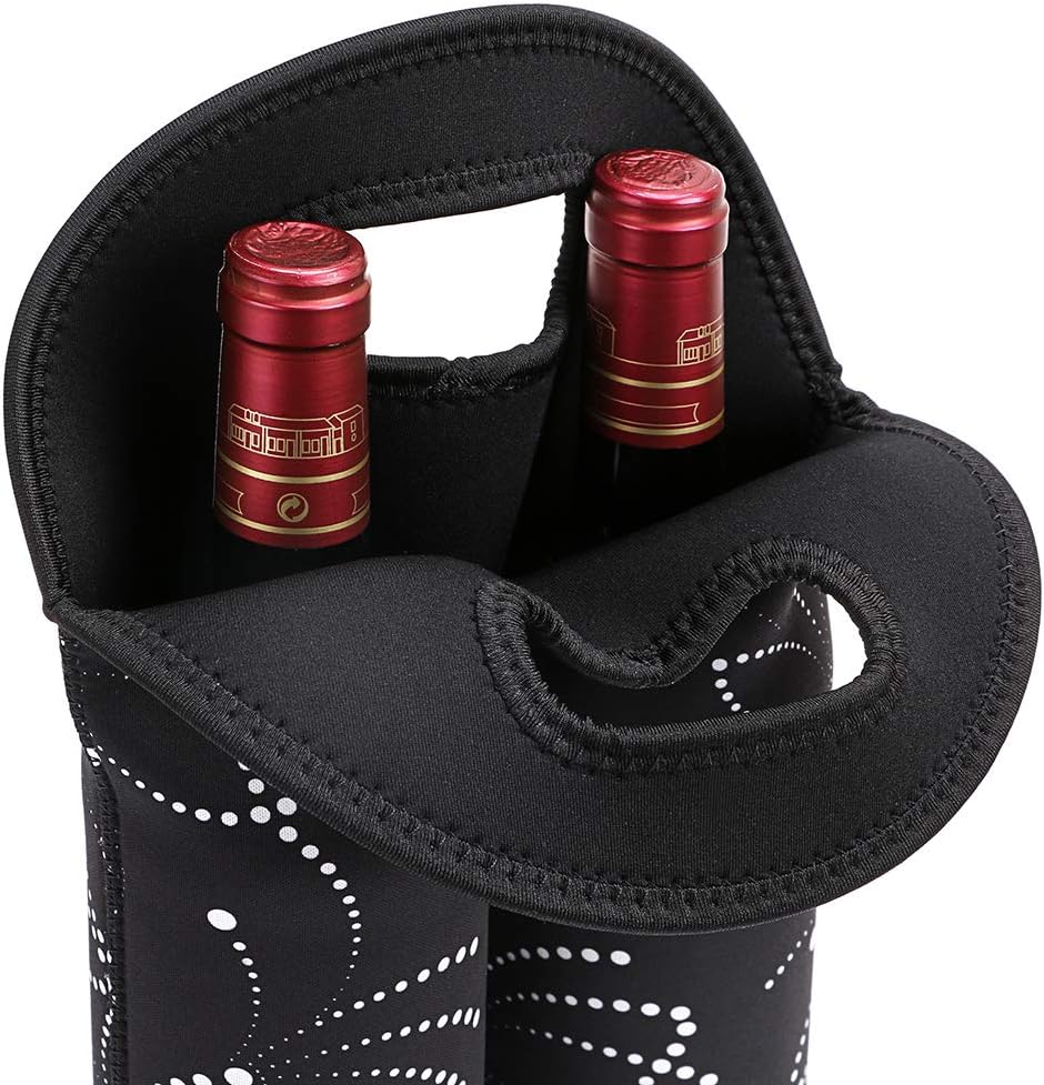 Hipiwe 2-Bottle Wine Bottle Tote Insulated Neoprene Wine Cooler Bag Champagne Water Beer Drinks Bottle Protective Carriers Bag Case for Travel,Dating,Party,Camping (2PCS Black with Flower Pattern) image 4