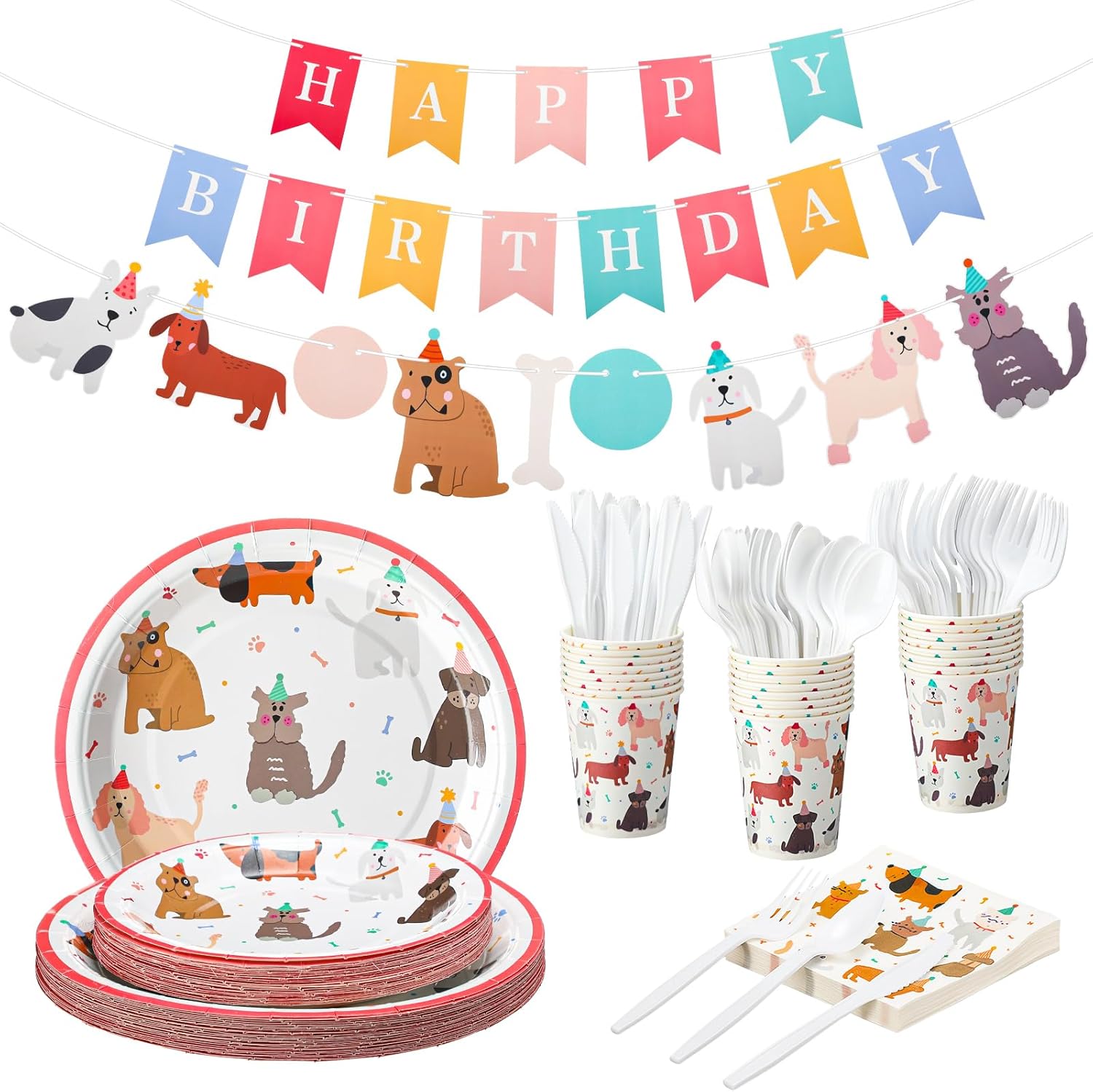 Qinyoung 176 Pcs Dog Birthday Party Supplies Disposable Tableware Set Serves 25 Cute Dog Themed Paper Plates Napkins Cups Cutlery with Banner for Birthday Decorations