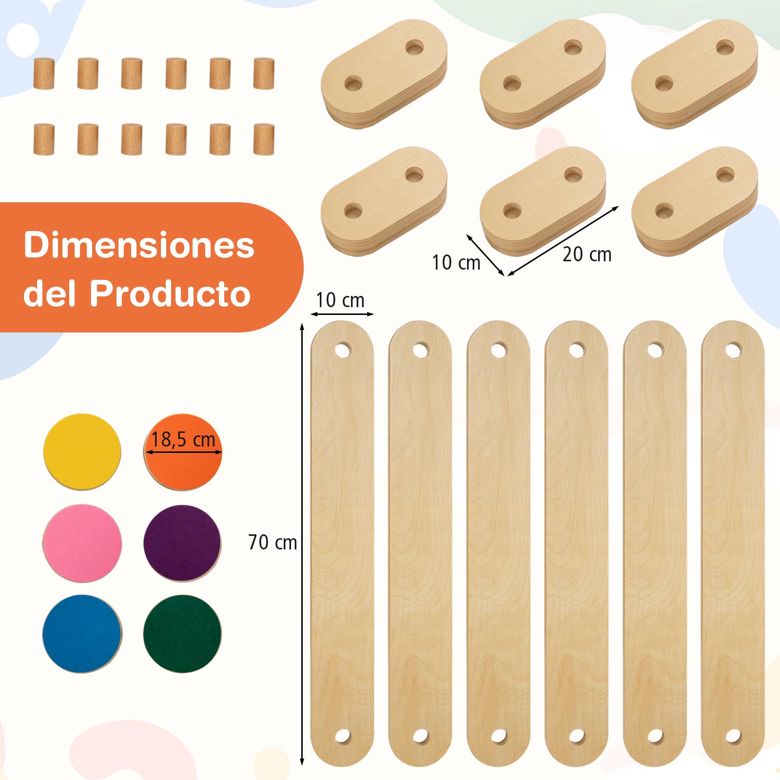 COSTWAY Barra de Equilibrio de Madera y Piedrecita, Carrera de Obstáculos de Gimnasia para Niños de 12 Piezas, Juguete Montessori de Madera para Interior/Exterior, Regalo para Niños de 3 a 7 Años