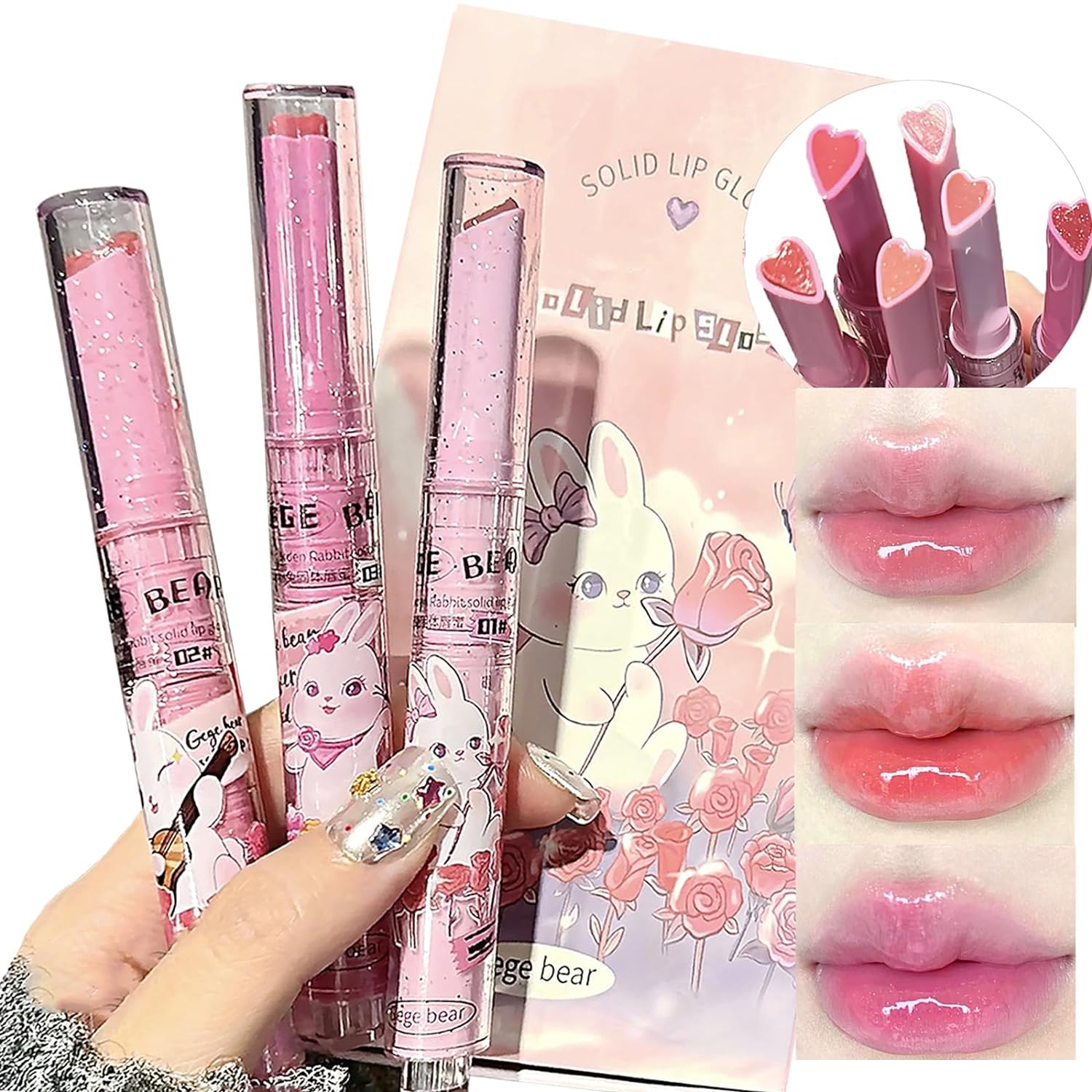YHRY 3 Colors Jelly Lipstick Gift Set, Tinted Heart Shape Lip Stain, Lip Gloss, Mirror Hydrating Jelly Love Lipstick, Moisturizing Tinted Lip Balm, Vivid Color Glossy Lip Makeup, for Girls