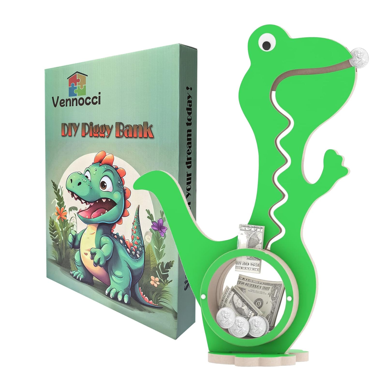 Dinosaur Piggy Bank for Kids Boys Girls, Green Wooden Coin Bank with Large Clear Acrylic Belly, Cute Money Savings Box Toy Gift for Toddlers Birthday Christmas by Vennocci