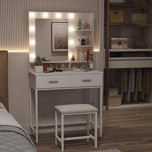 Miniatura 7 de Lifewit Juego de escritorio de tocador con espejo y luces, tocador de maquillaje negro con 2 cajones, 3 modos de iluminación de brillo ajustable,