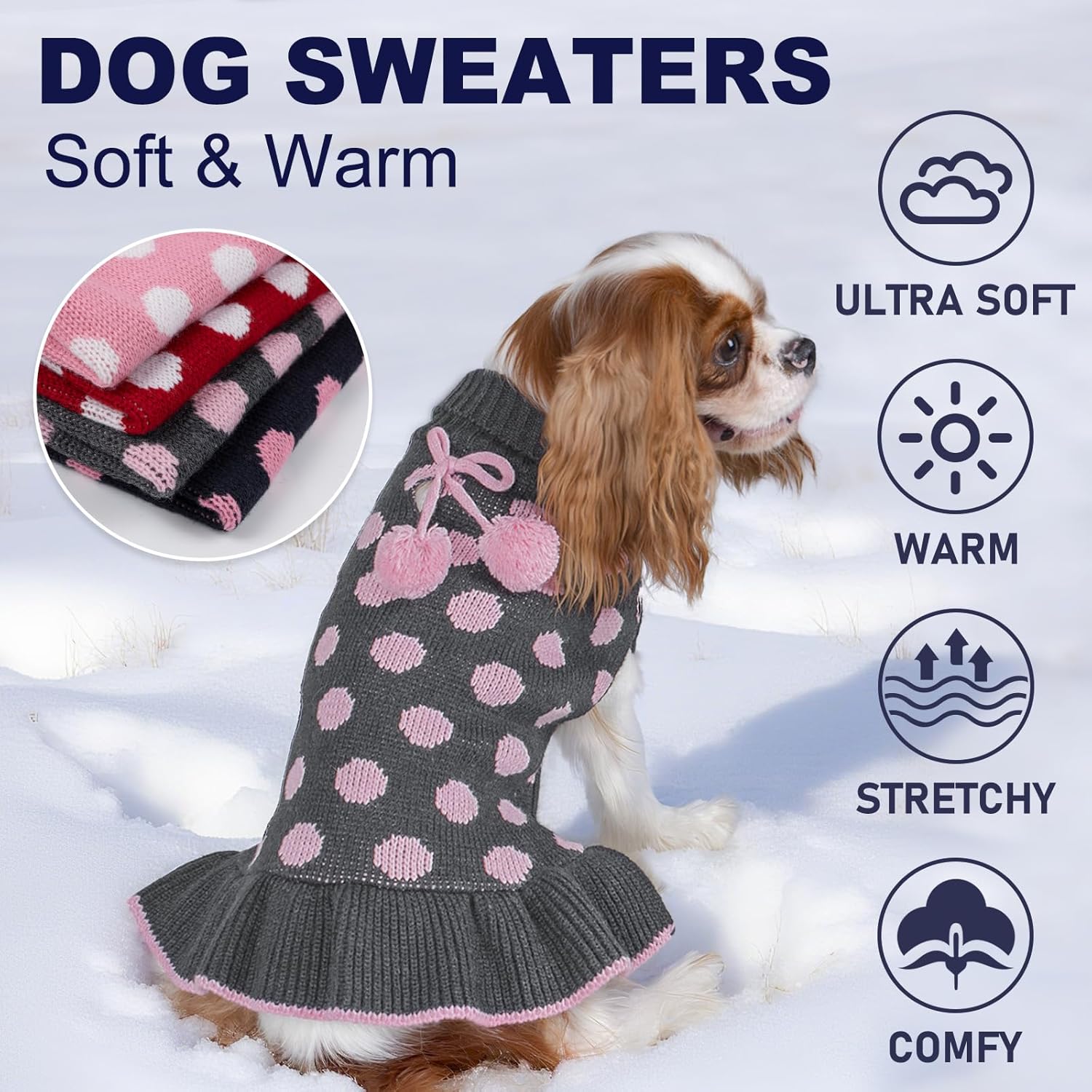 KYEESE Dog Sweaters with Leash Hole Small Turtleneck Dog Sweater Dress for Girl Polka Dot Knit Warm Pet Clothes with Pom Pom Ball
