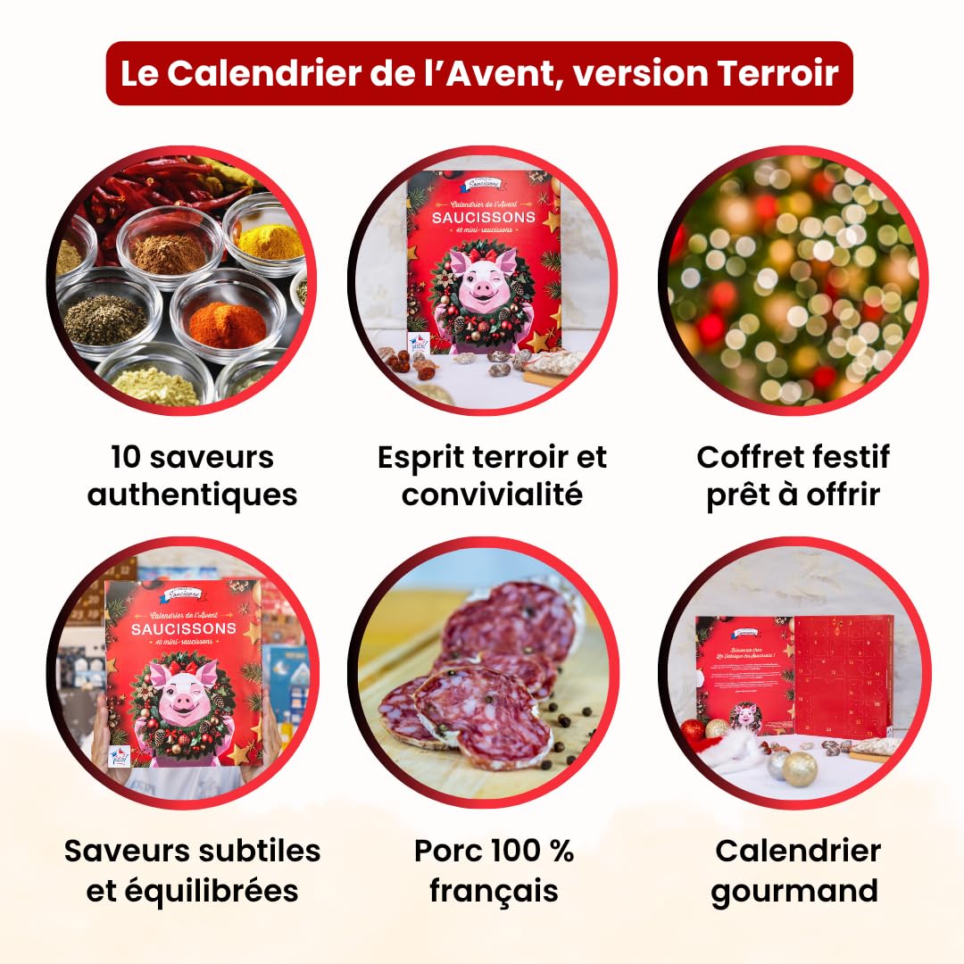 Ici Présent - Calendrier de l'Avent 2026 Coffret Gourmand Saucisson | 25 Mini-Saucissons Artisanaux | 12 Saveurs Originales | 100% Porc Français | Charcuterie Noël | Édition Limitée