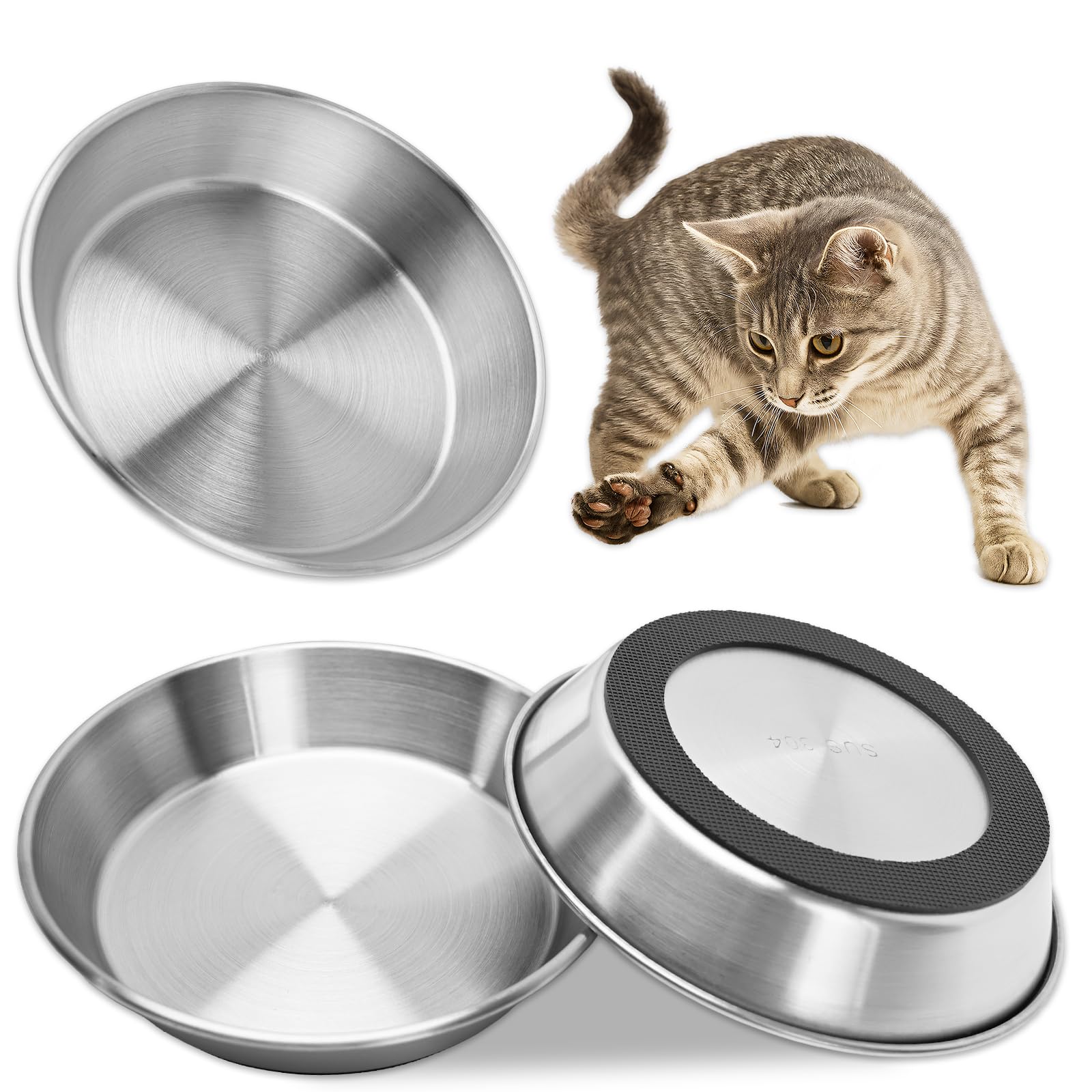 Cat Bowl Stainless Steel, Non-Slip Metal Cat Food Water Bowls, Pet Feeding Whisker Fatigue Shallow Dishes with Rubber Base for Kitten Small Dog 3 Pack