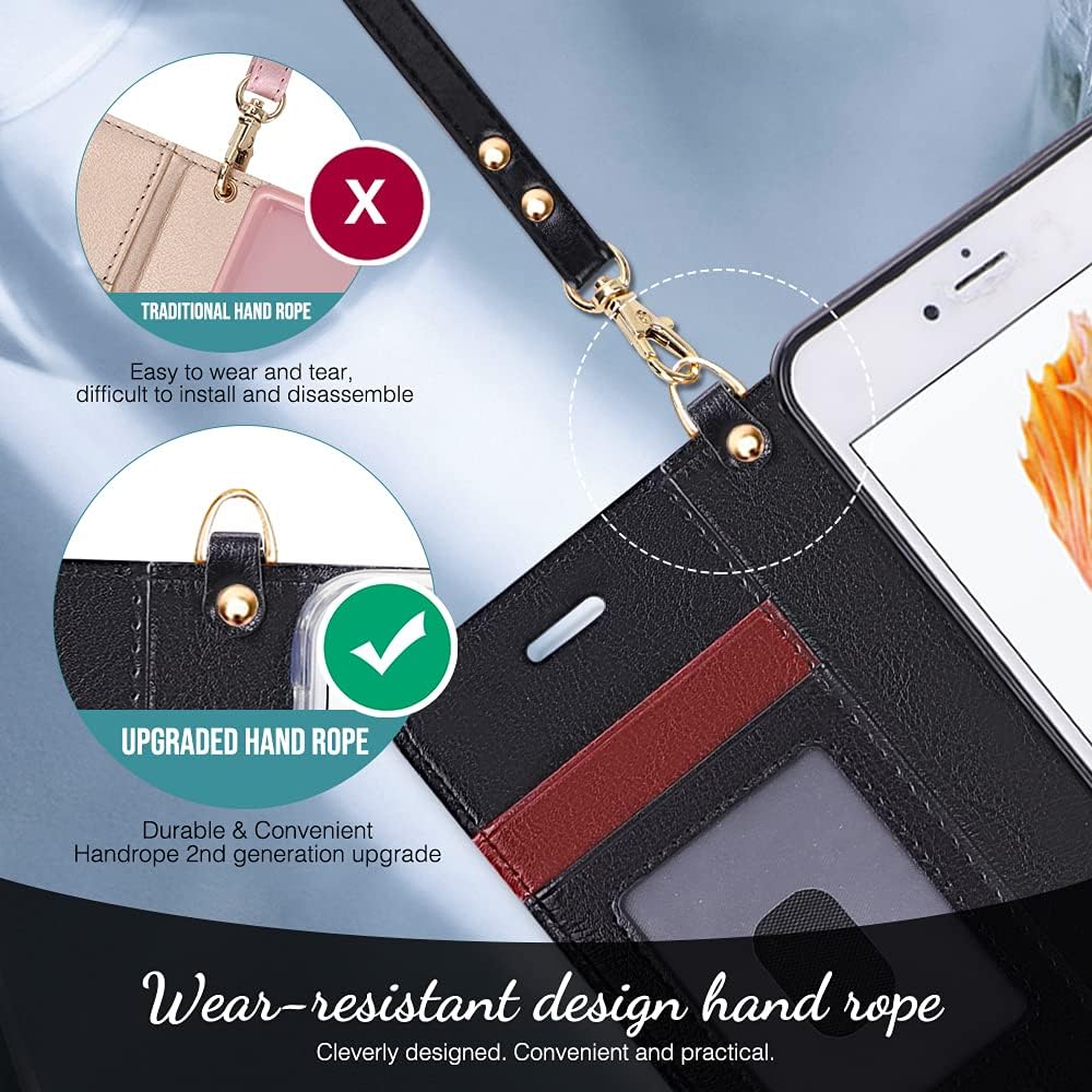 FYY Case for iPhone 6/6s, PU Leather Wallet Phone Case with Card Holder Flip Protective Cover [Kickstand Feature] [Wrist Strap] for Apple iPhone 6/6s 4.7" Black