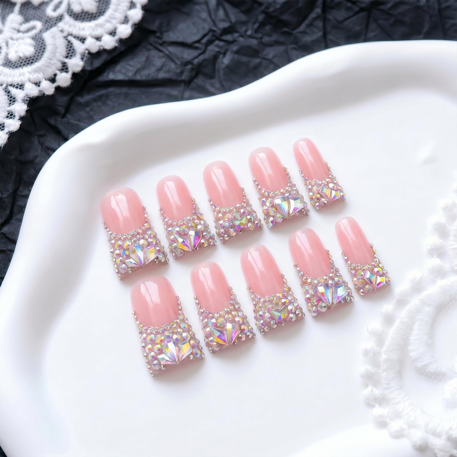 Unghie finte lunghe fatte a mano a forma di anatra, finte unghie finte di lusso con punta francese in cristallo e strass, unghie finte in gel rosa diamante, confezione da 10 unghie