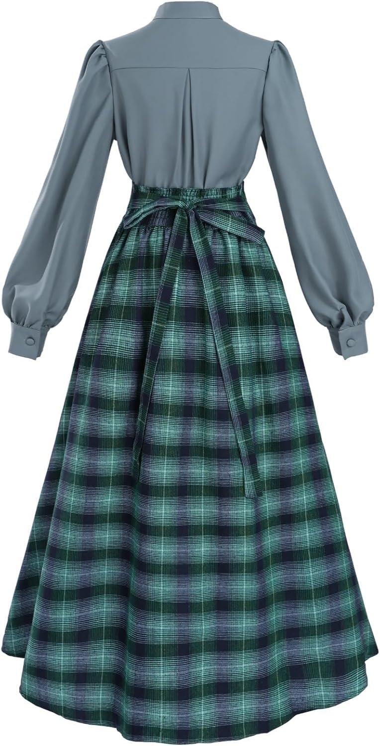NSPSTT Vintage Dress for Women Medieval Renaissance Costume High WaistTartan Skirt Edwardian Blouse - Image 2