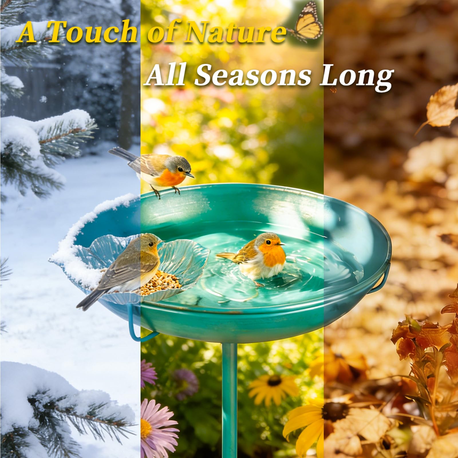 Mellbree Metal Bird Bath for Outside, 10" Dia 39" H Lake Blue with Gold Gilding, Freestanding with Perch & Feeder Bowl, Multi-Functional for Garden Patio Yard Lawn Outdoor Decor - image 4