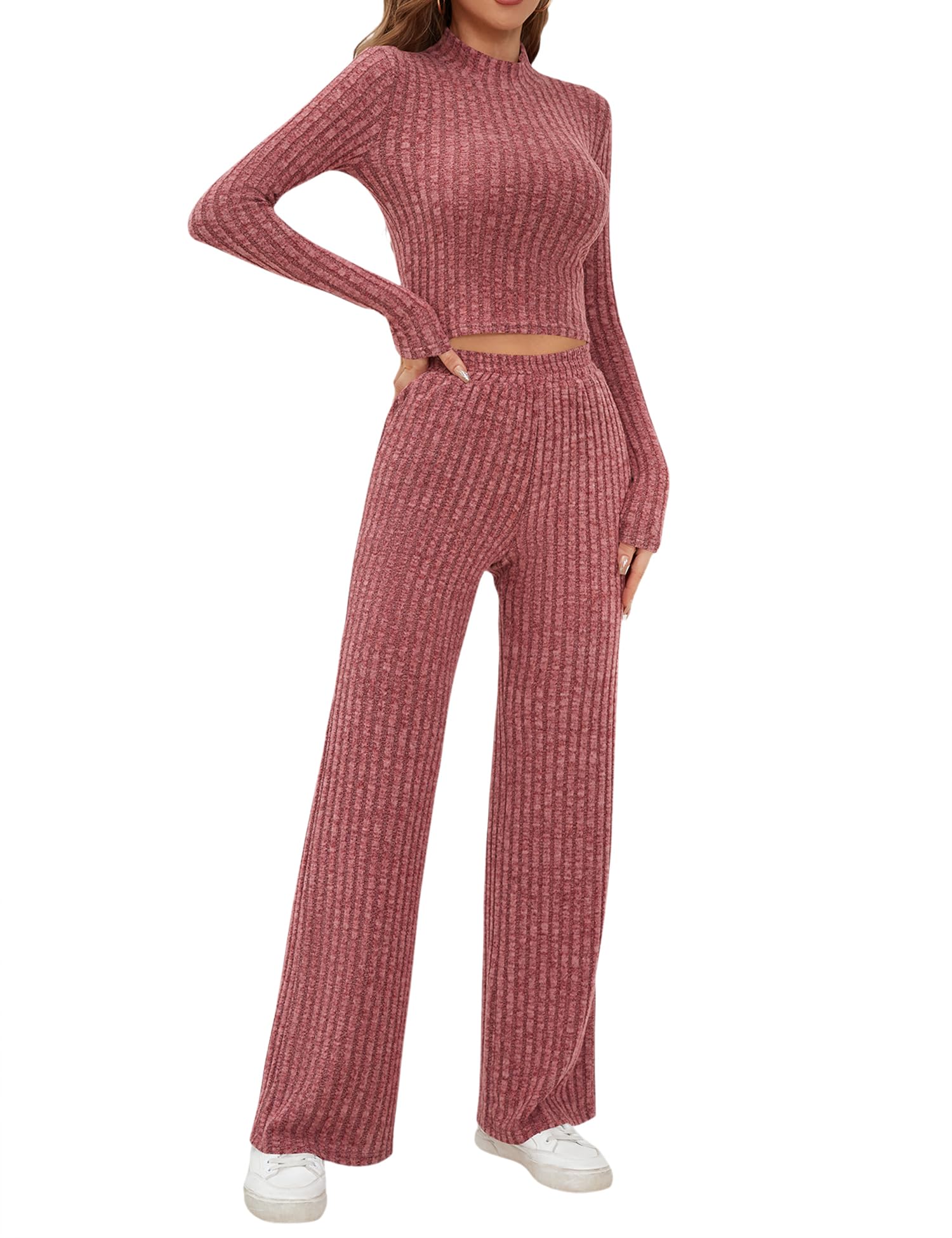 MicosonWomen's Two Piece Outfits Knit Lounge Sets Mock Neck Long Sleeve Crop Top Loose Wide Leg Pants Casual Loungewear Set