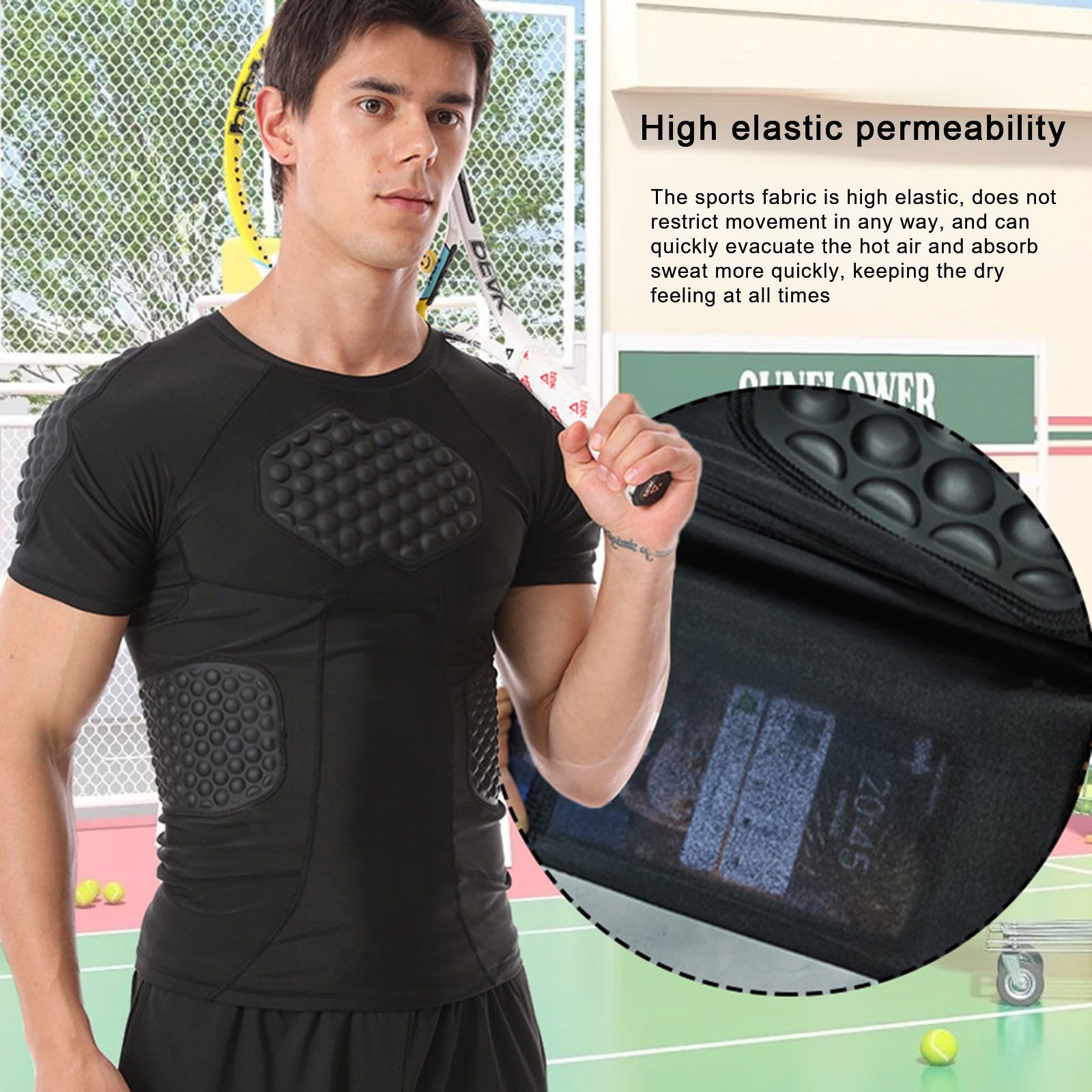 Hotfiary Herren gepolstertes Kompressions Shirt für Fußball Paintball Baseball Basketball, 6-Pads Kurzarm Fußball Rippe Brustschutz, Fußball Schutzausrüstung Herzschutz Sternum Schutz