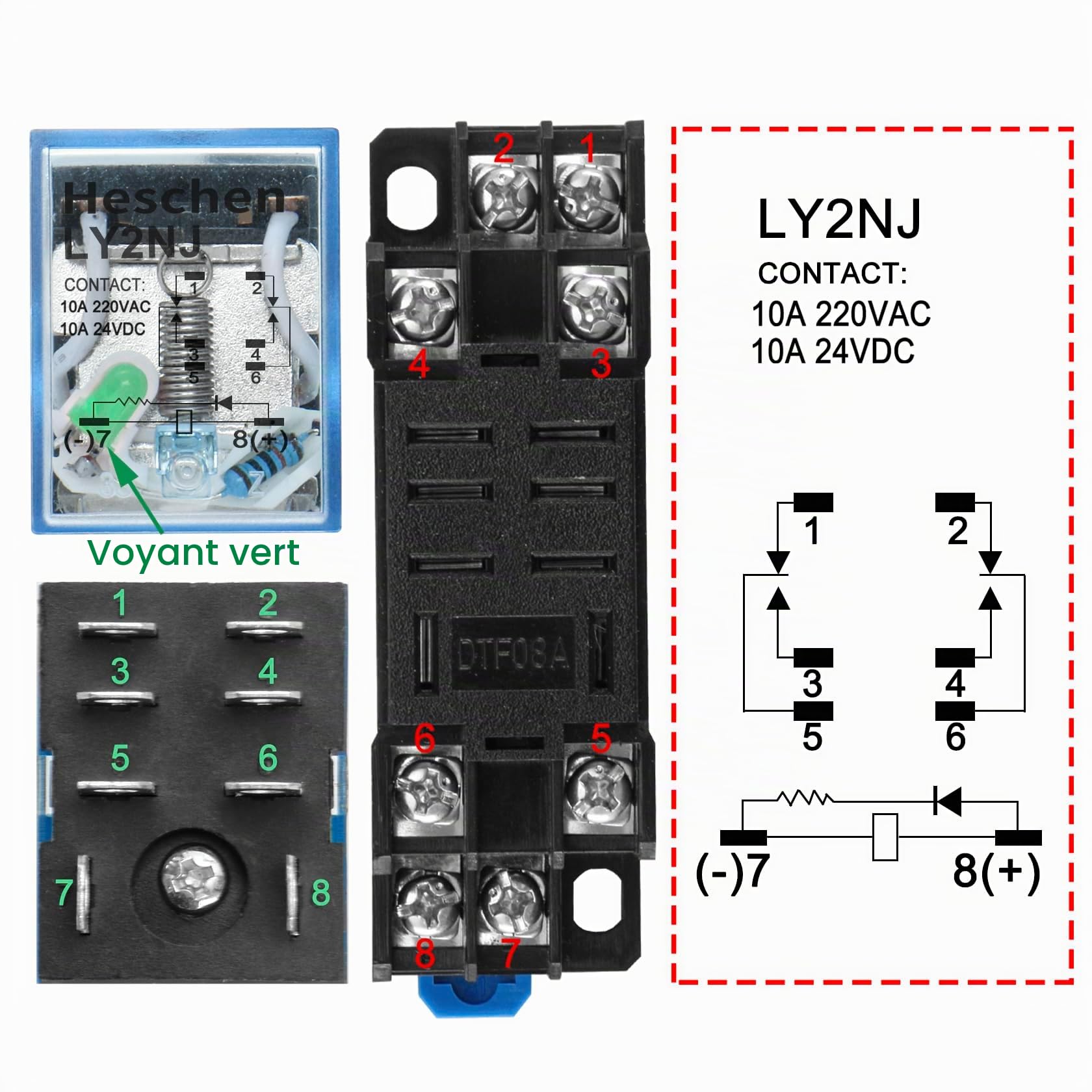 Heschen Relais à usage général, LY2NJ, Bobine 12VDC, 10A 24VDC/220VAC, DPDT, Indicateur LED, avec socle