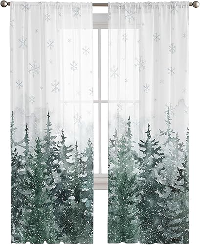 Miniatura 3 de Cortinas semitraslúcidas de bosque de árbol de Navidad de 84 pulgadas de largo para sala de estar, árbol de bosque verde de invierno, con copos de
