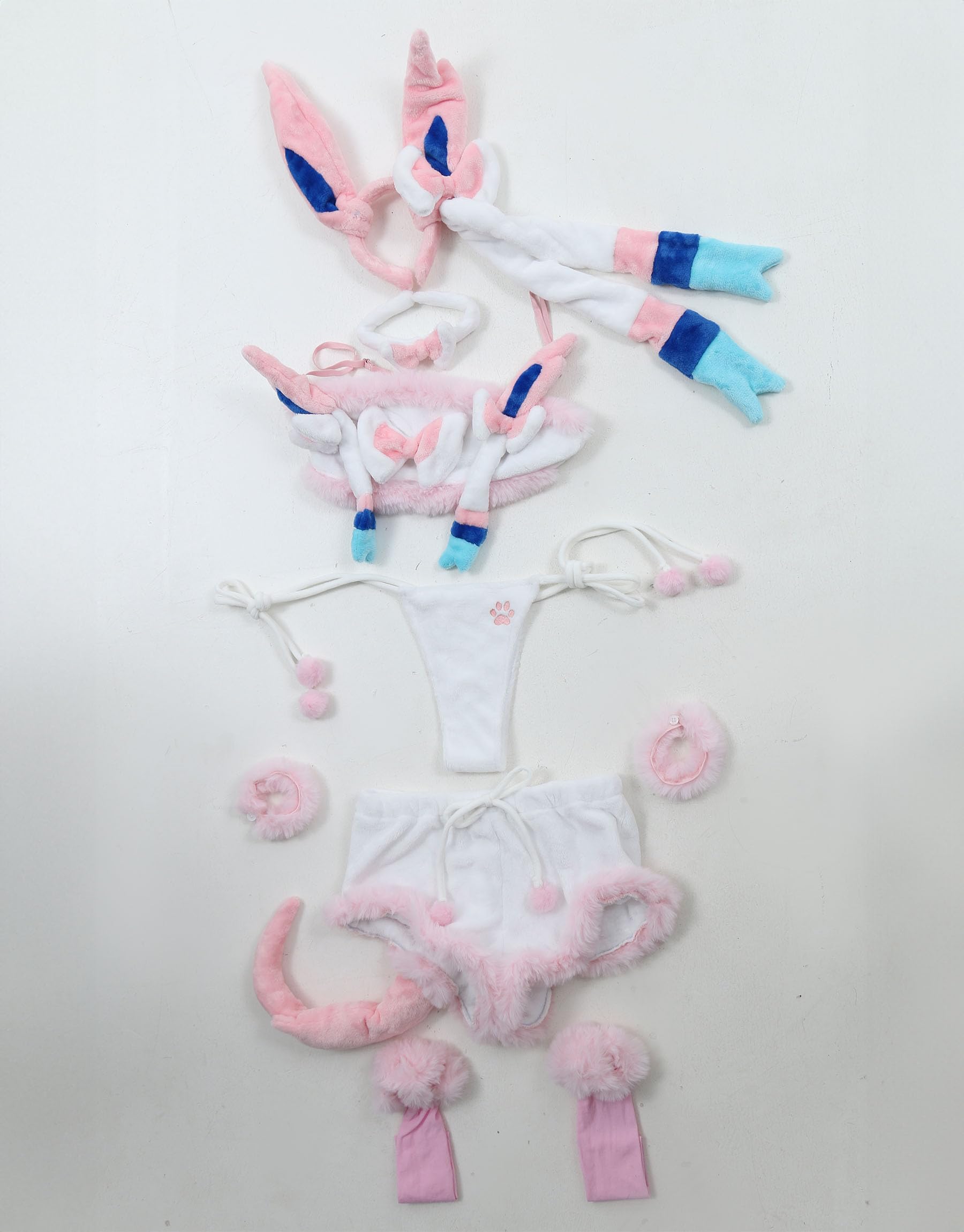 Mobbunny Women Cute Pajamas Set Pink Furry Tube Top and Shorts Anime Cosplay Homewear Sleepwear