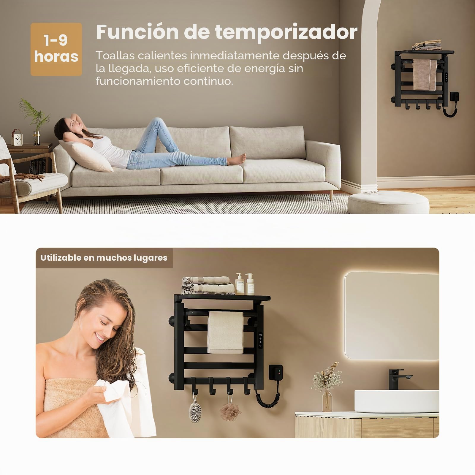 EMKE Radiador eléctrico de baño toallero, 500 x 500 mm, temperatura constante inteligente, toallero eléctrico, con estante, color negro, 140 W