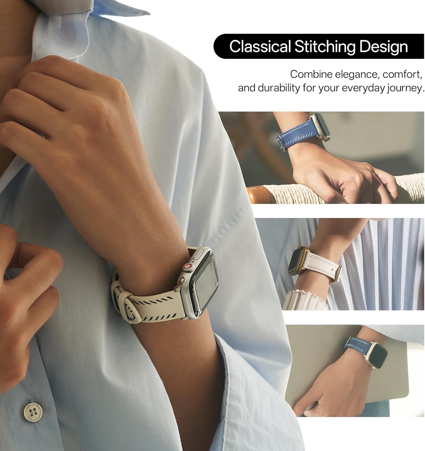 Classic Stitch Genuine Leather Watch Band for Women Compatible with Apple Watch 38/40/41/42/44/45/46/49mm, for iWatch Series 11/10/9/8/7/6/5/4/3/2/1 Ultra3 SE, Minimalist Strap