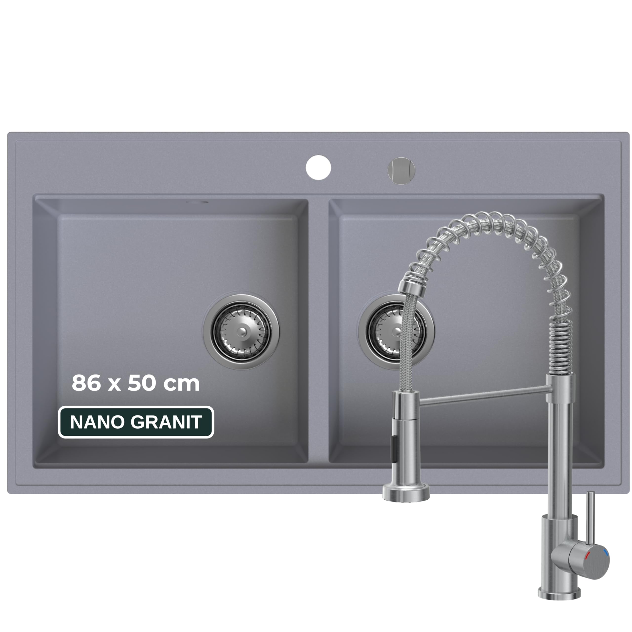 SINK QUALITY podwójny zlew szary z armaturą, zlewozmywak granitowy podwójny 86 x 50 cm, podwójny zlew z syfonem i substancją impregnującą, 2 umywalki zlewozmywak kuchenny od szafki pod umywalkę 85