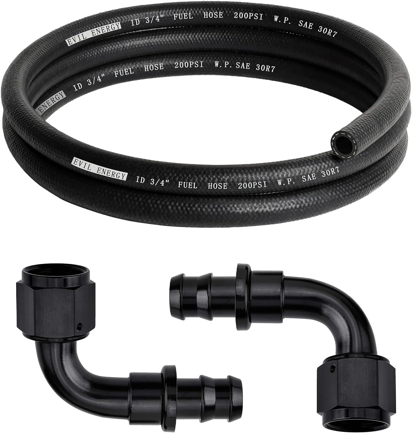 EVIL ENERGY 3/4" Fuel Hose Line Push Lock SAE 30R7 NBR 10FT 200PSI Bundle With 12AN 90 Degree Push Lock Hose Fitting Black 2PCS