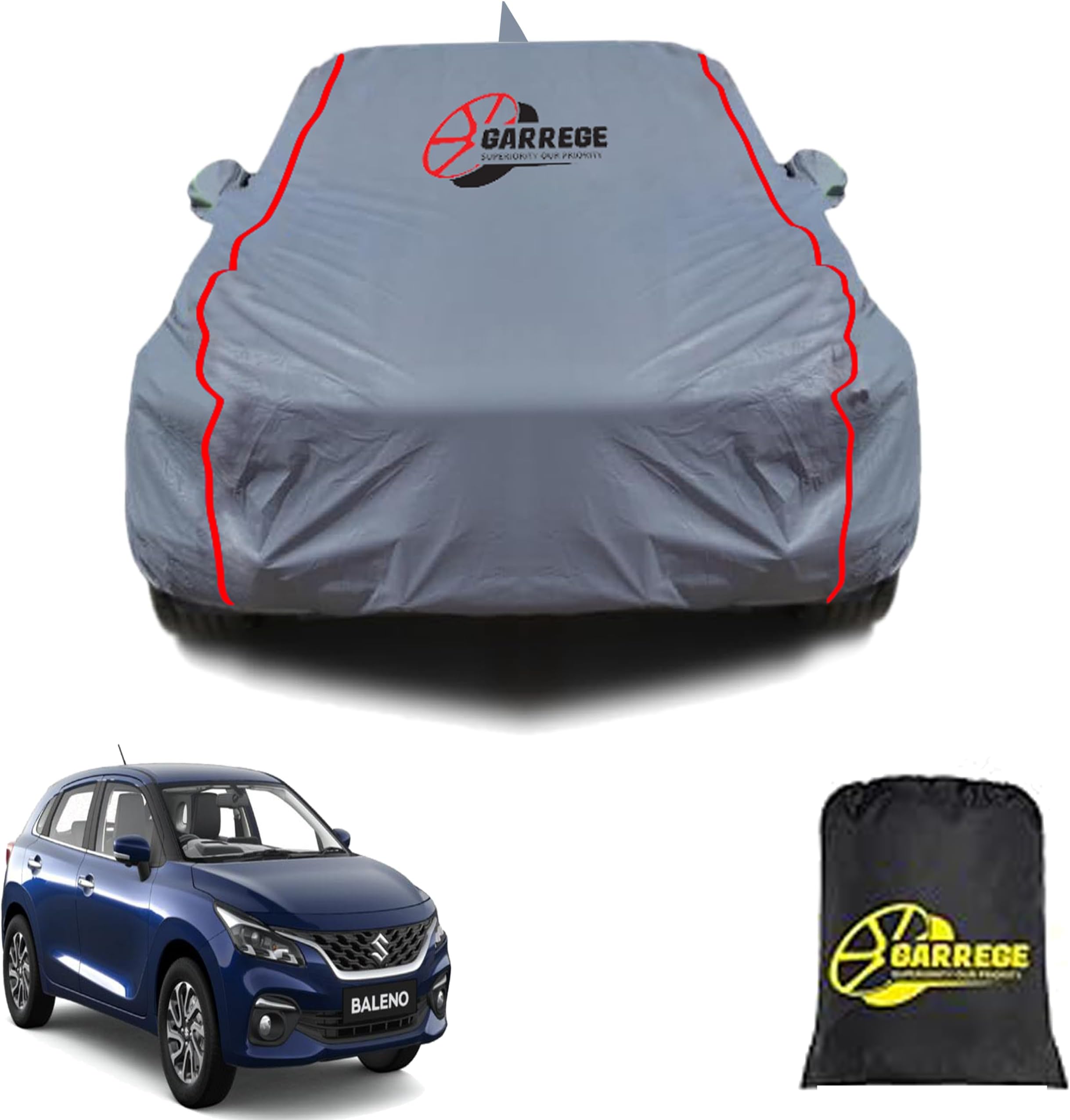 GARREGE Car Cover for Maruti Baleno Waterproof All Weather, Outdoor Full Cover Rain Sun UV Protection with Inner Side Ultra Soft Cotton 3 Layers with Blue Piping and Mirror with Anteena Packet