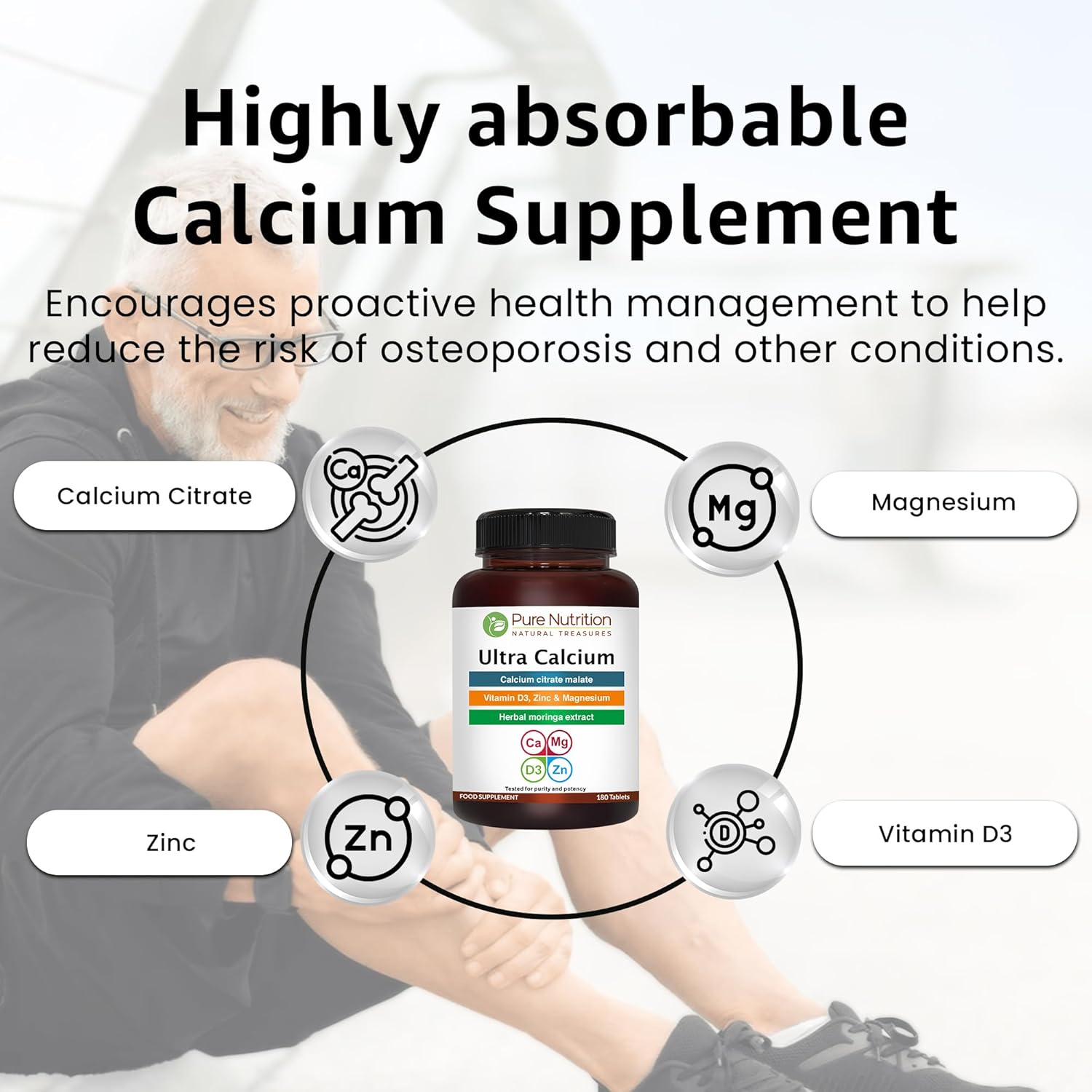 Pure Nutrition Ultra Calcium Citrate 1000mg Highly absorbable Calcium Supplement with Calcium Citrate Malate, Vitamin D, Zinc and Magnesium - 1 Tablet Daily (180 Veg Tabs) Non-GMO | Gluten-Free