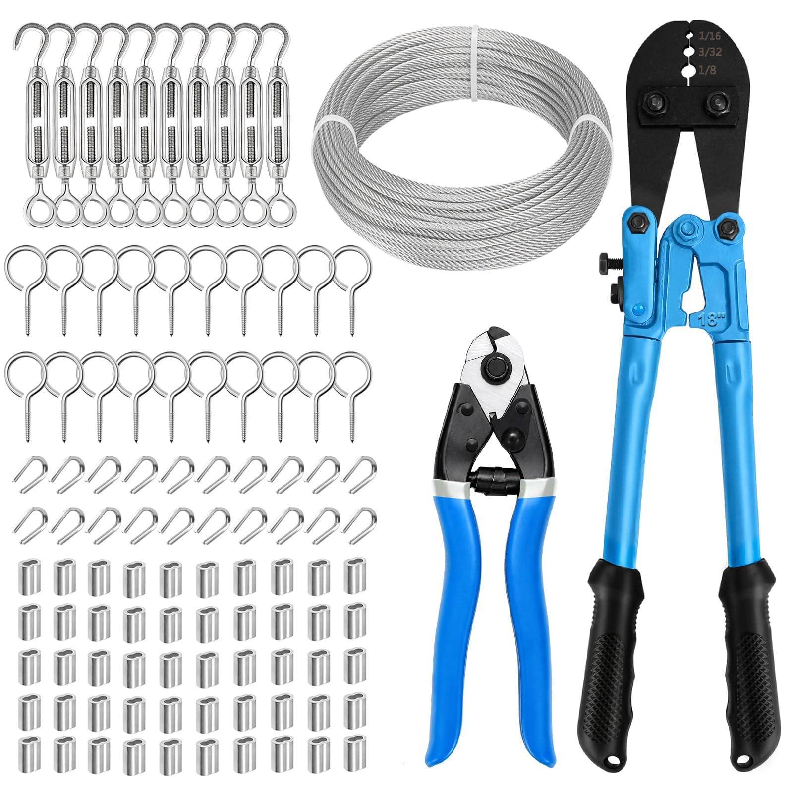 Fologtoo 3mm 30m Stainless Steel Wire Rope Kit with M4 Turnbuckles, Wire Crimping Tool and Cable Cutter for Garden DIY, Fencing, Washing Lines
