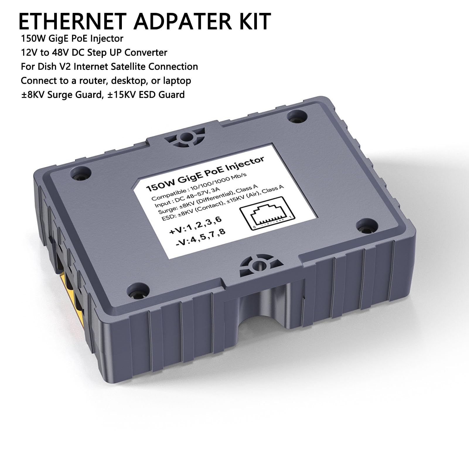 150W GigE Passieve PoE-injector voor met overspannings- en ESD-bescherming, Gigabit Hogesnelheidsnetwerken 10/100/1000M DC 48-57V 3A voor Satellite Dish V2