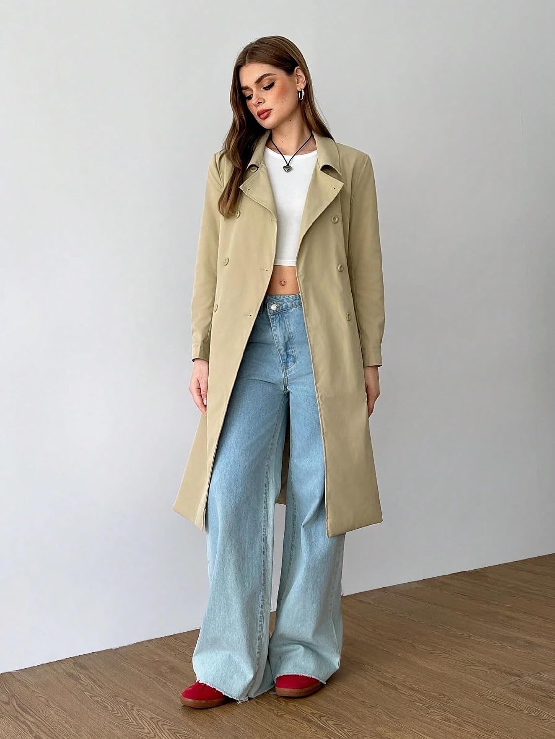 Womens Fashion Trench Outwear Solid-Color Lapel Long Sleeve Button-Front Casual Trench Coat Jacket Coat