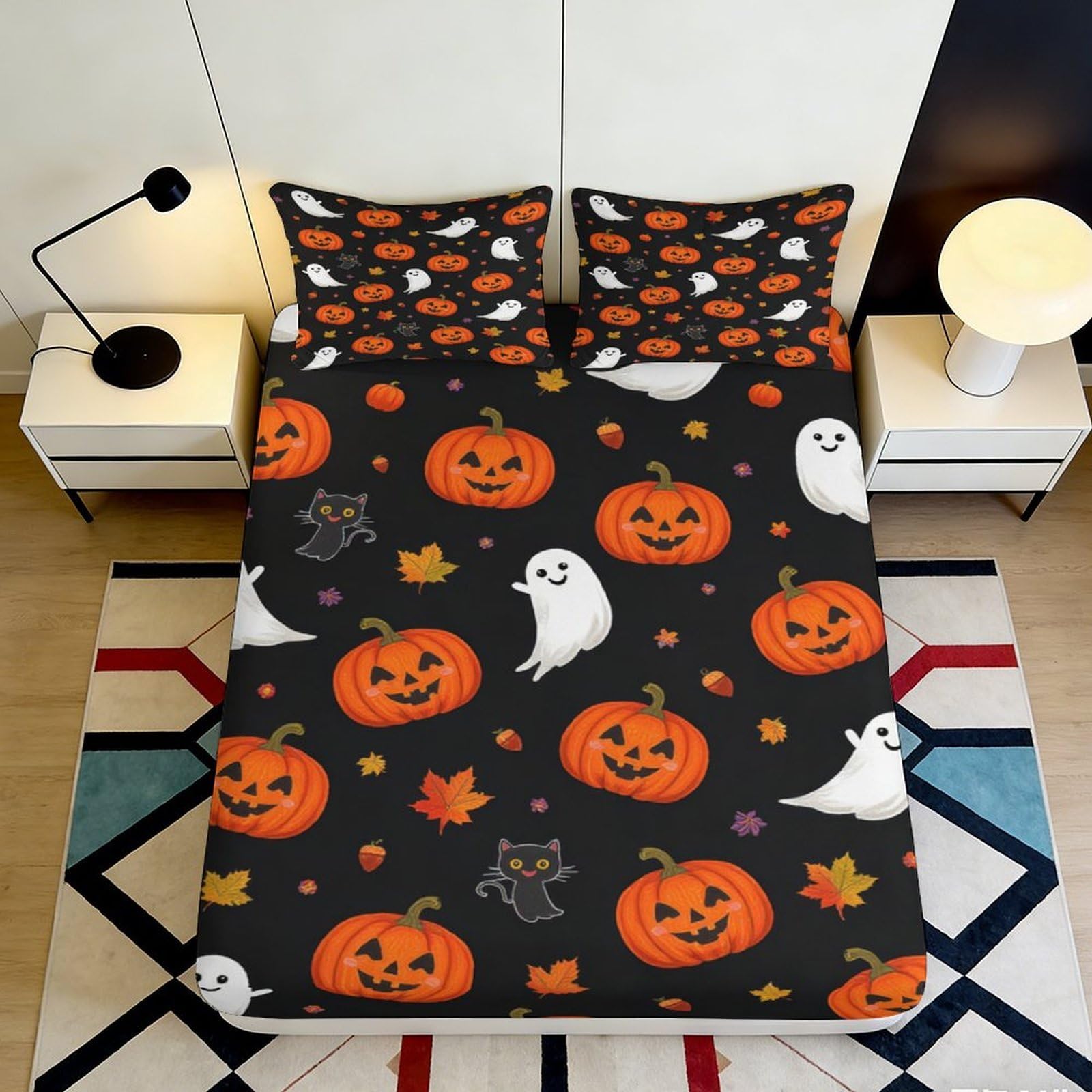 3D Printed Halloween Pumpkin Fitted Sheet Microfiber Soft Breathable Ghost Bed Cover for Bedroom Dormitory Guest Room Mattress Protection Decor 200x200x25cm