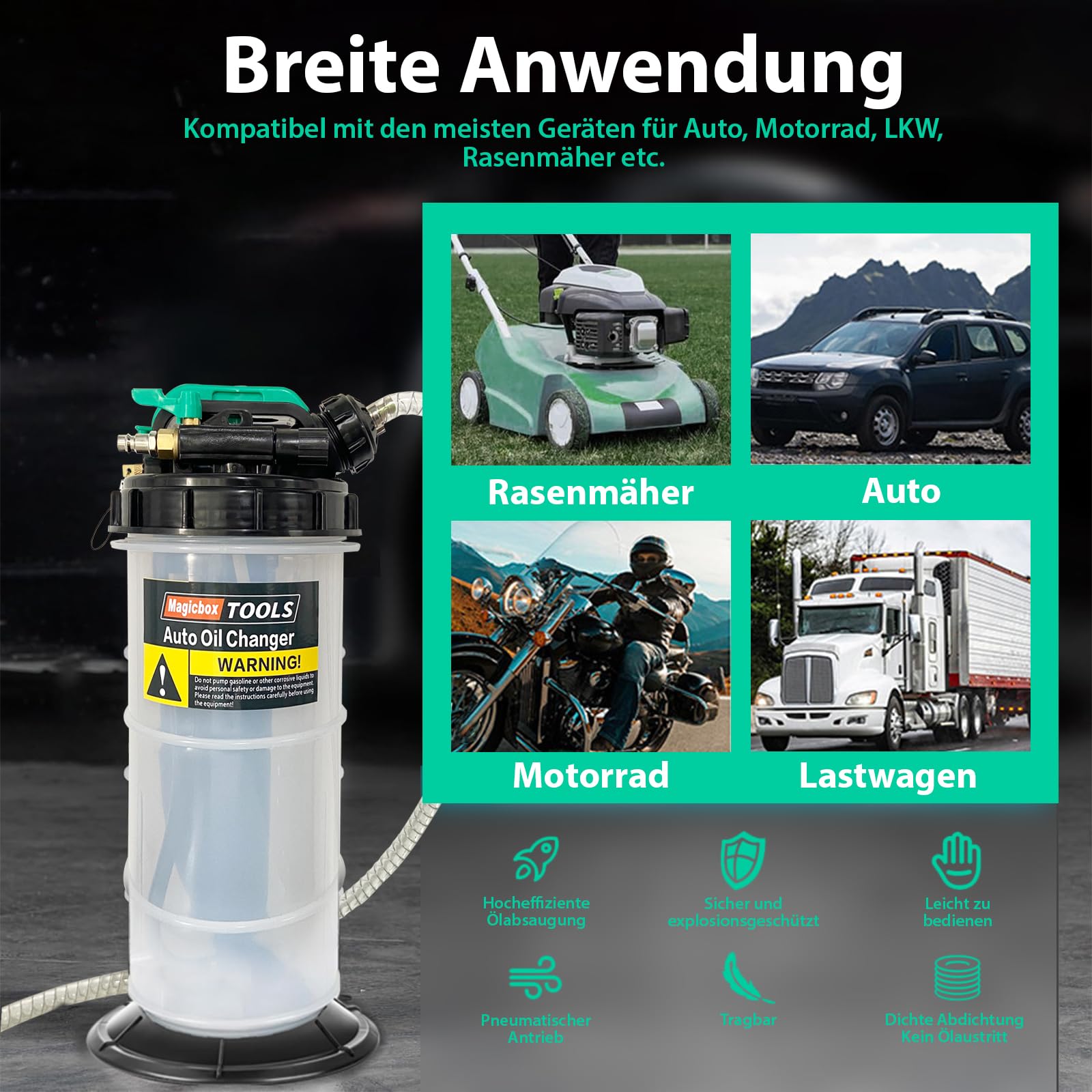Magicbox 5.3L Kapazität Ölabsaugpumpe Auto Dual-System(Manuell + Pneumatisch) mit 6 Schläuchen & Sicherheitsventil–1,5m Schlauch für Auto, Motorrad, Boot, Industrietauglich, Rostbeständig