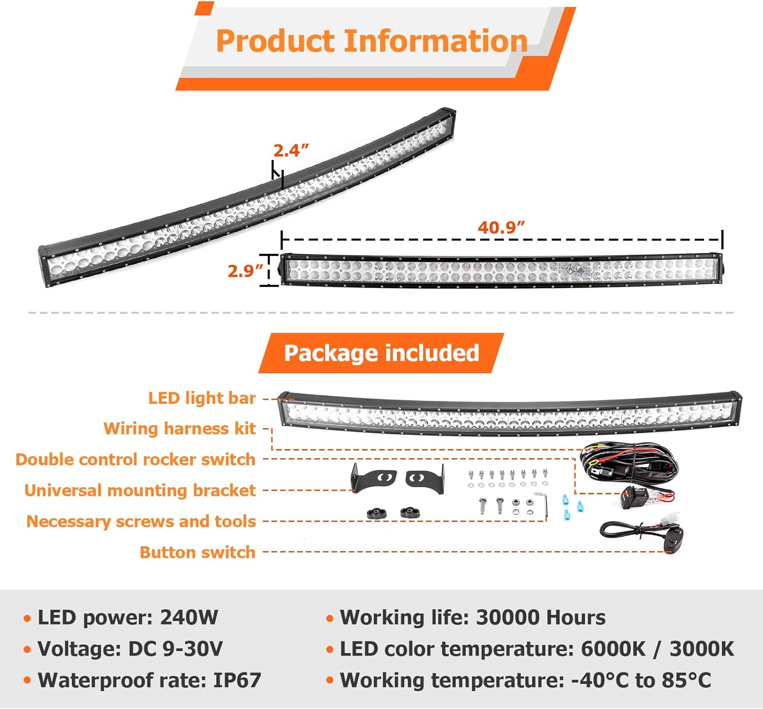 WeiSen 42" 240W Dual Rows Curved Light Bar with Bumper Mounting Bracket, Amber & White Combo LED Strobe Light Bar Wiring Harness Rocker Switch Compatible with Dodge Ram 2500/3500 2003-2019