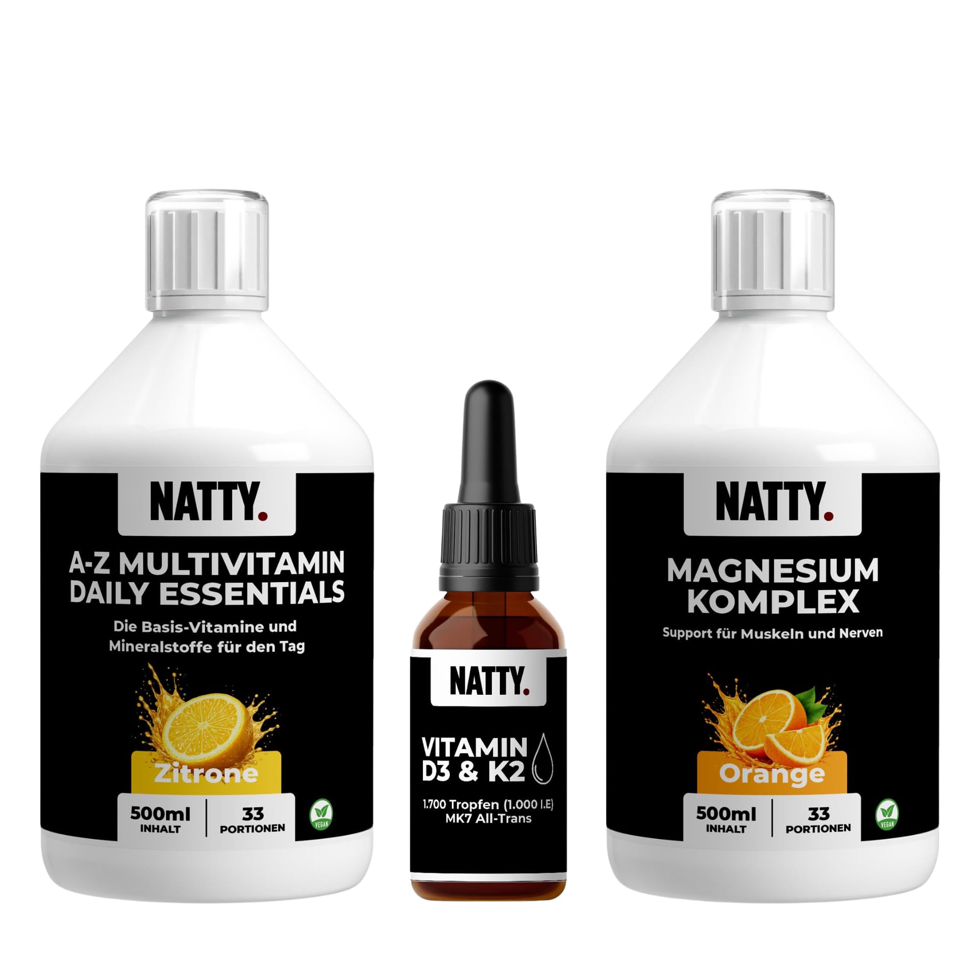 NATTY A-Z Daily Vitamin Bundle – Flüssige Vitamine ohne Kapseln – 3x Multivitamin Zitrone, 3x Magnesium Komplex Orange & Vitamin D3 K2 Tropfen – 100 Tage Vorrat
