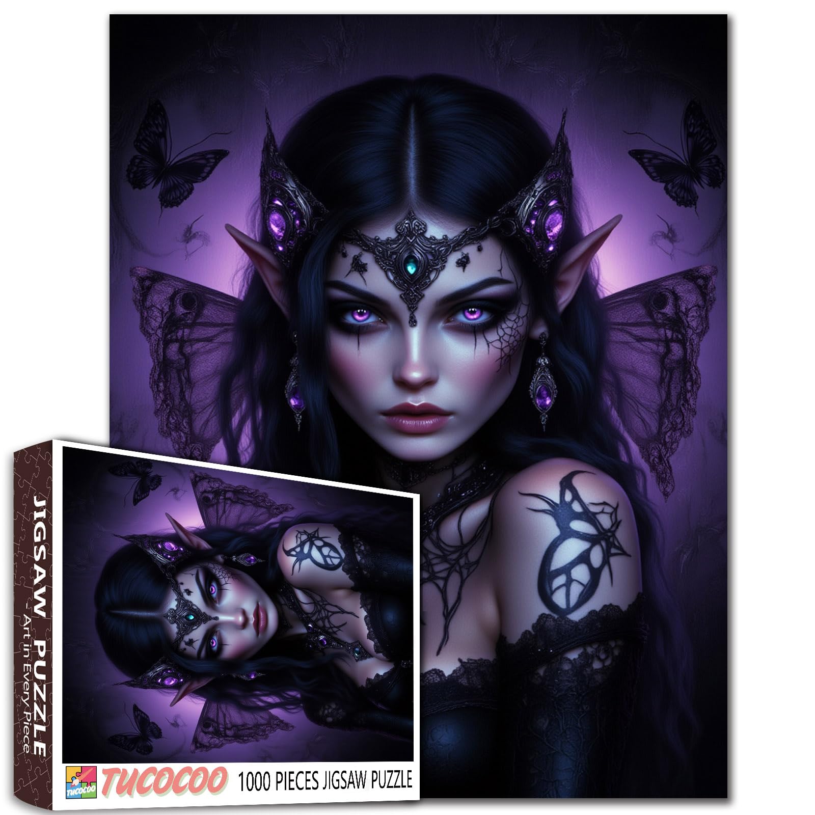 Purple Dark Elf Jigsaw Puzzles for Adults 1000 Pieces,Gothic Demon Jigsaw Puzzle Art 20 x 27 Inches Colorful DIY Magic Elves Puzzles for Home