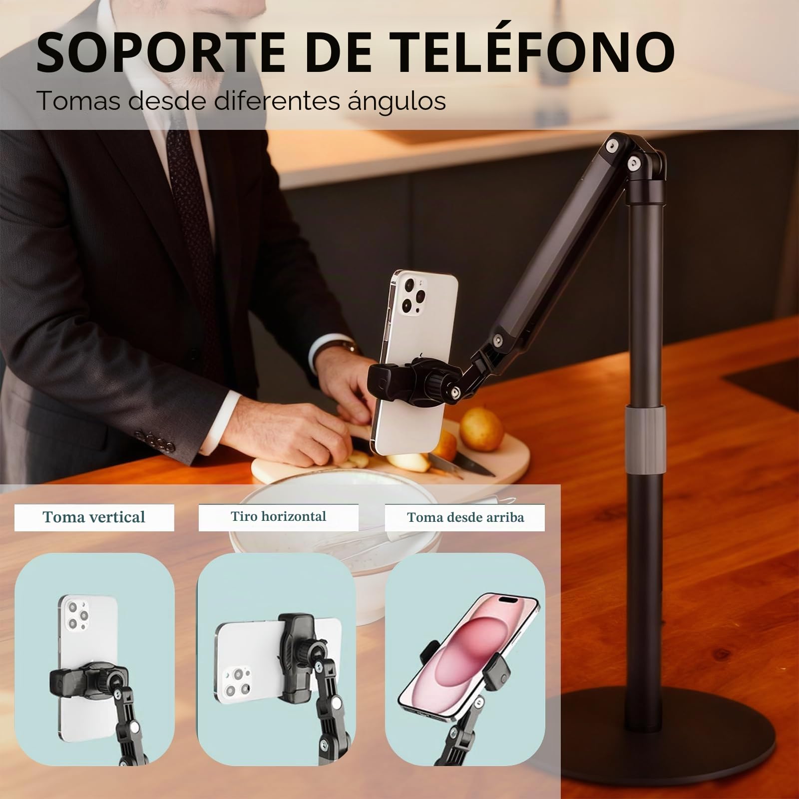 Soporte de Móvil de Mesa, Altura y Ángulo Ajustable 360°, Base Antideslizante de Metal, Ideal para Transmisión en Vivo, Grabación de Videos y Videollamadas