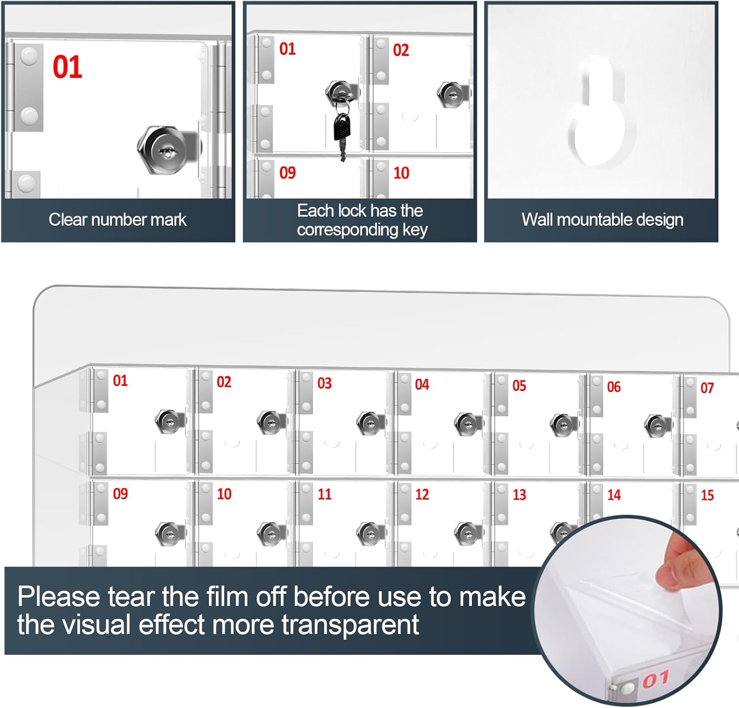 Mobile Phone Storage Box Transparent Acrylic Mobile Phone Security Locker with Key,Secure Wall-Mounted Acrylic Cell Phone Locker Box with Lock & Keys - Clear Storage Cabinet for Office, Scho