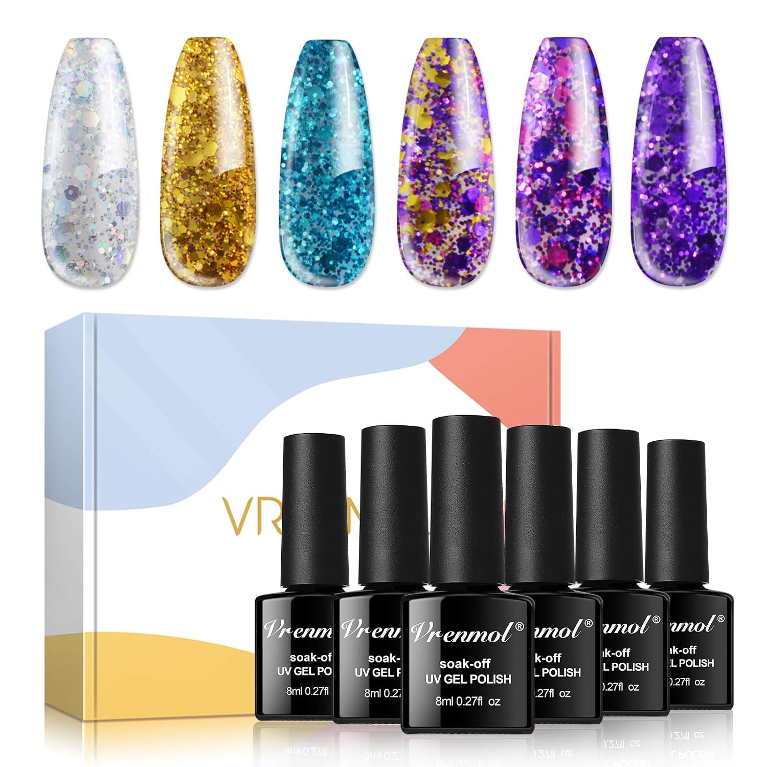 Vrenmol Diamond Gel Nail Polish Set 6pcs Soak Off UV LED Nail Lacquer Glitter Nail Art Manicure Kit 8ml
