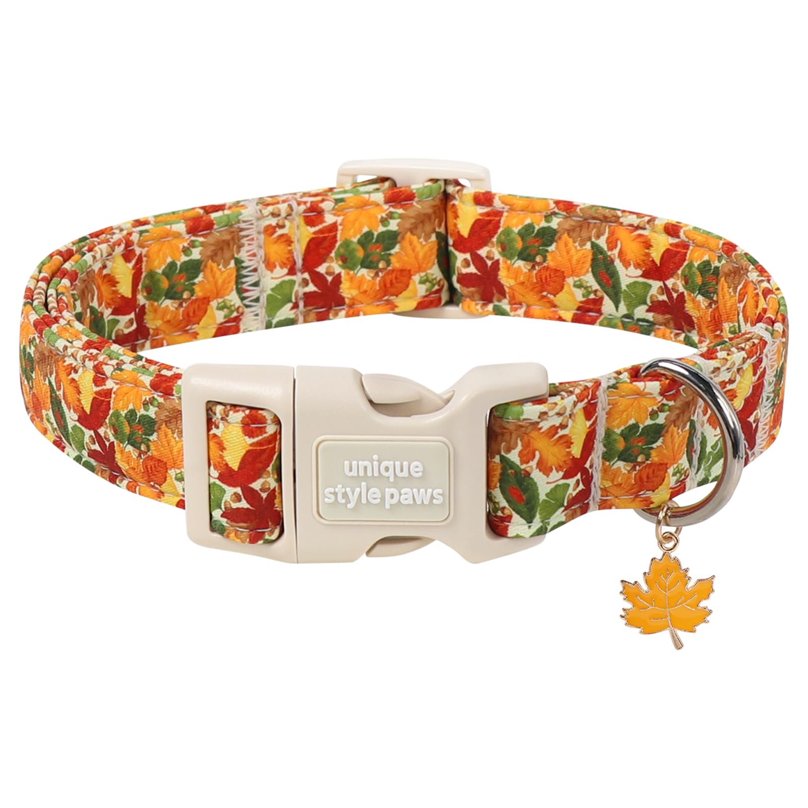 Unique style paws Autumn Leaves Dog Collar, Adjustable Cotton Dog Collar with Maple Leaf Charm, Quick Release Buckle, Strong Metal D Ring, Fall Dog Collar for Small Medium Large Dogs