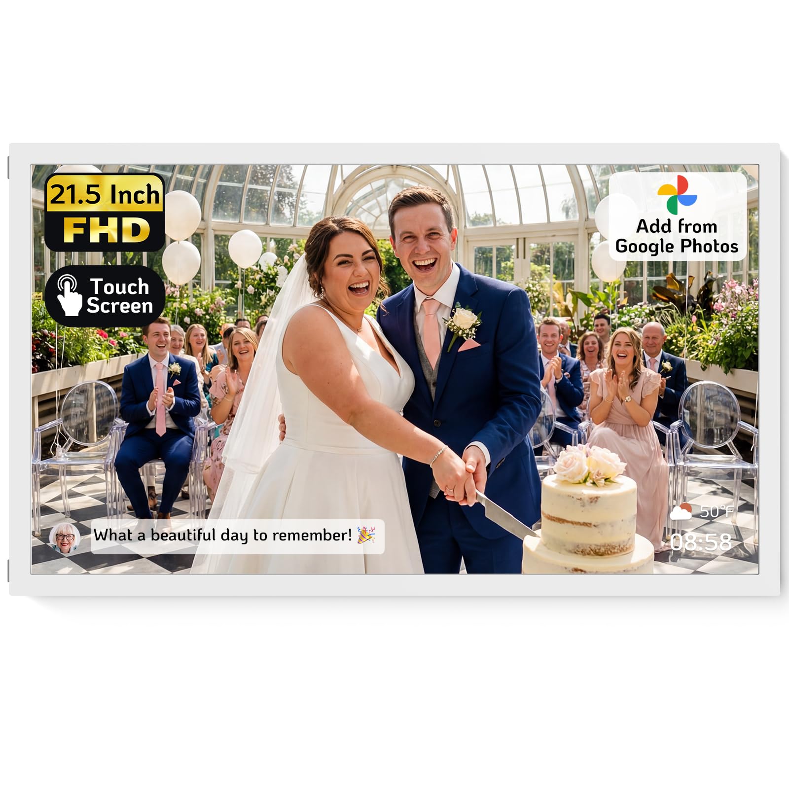 NexFoto Touchscreen Digital Picture Frame Large 21.5 Inch, WiFi Digital Photo Frame 64GB, Add Pics from Google Photos, Upload via App/USB/Micro SD, Gifts for Wedding/Mom/Grandparents, White