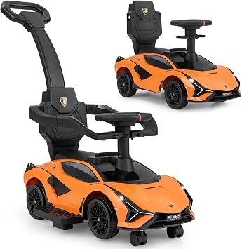 INFANS 3 in 1 Ride on Push Car, Licensed Lamborghini Baby Stroller Sliding Walking Car with Parent Control Handle, Music, USB, Headlight, Under Seat Storage, Foot-to-Floor Toy 18-60 Months Orange