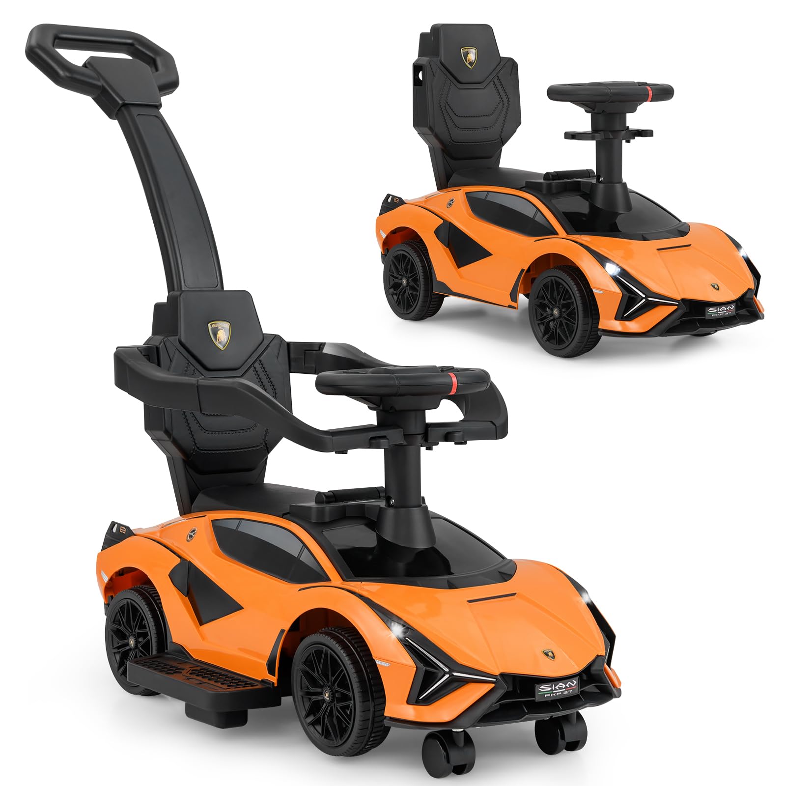 INFANS 3 in 1 Ride on Push Car, Licensed Lamborghini Baby Stroller Sliding Walking Car with Parent Control Handle, Music, USB, Headlight, Under Seat Storage, Foot-to-Floor Toy 18-60 Months (Orange)
