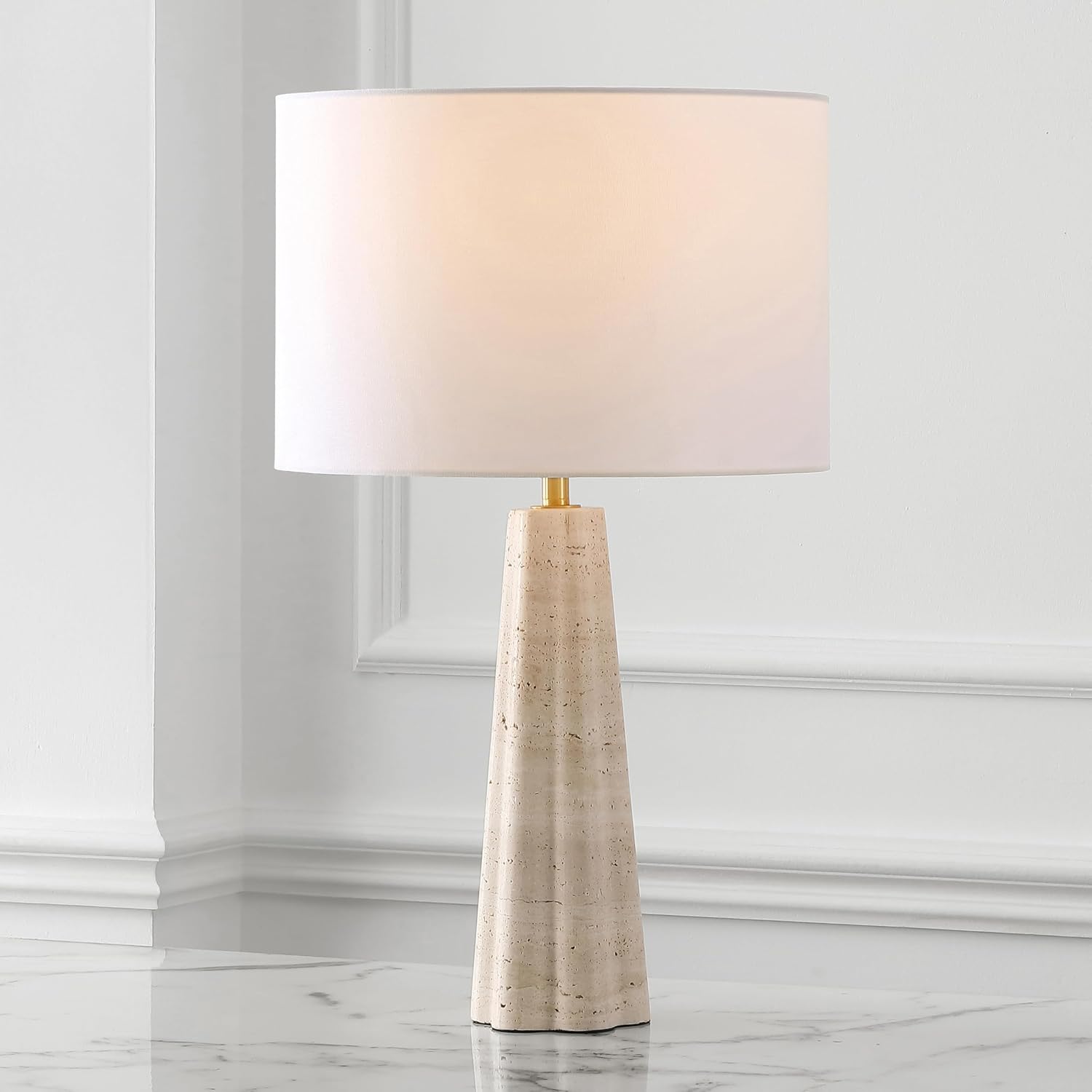 SAFAVIEH Couture Lighting Collection Naveen Travertine/White 25-inch Table Lamp for Bedroom Living Room Home Office Desk Nightstand (LED Bulb Included)