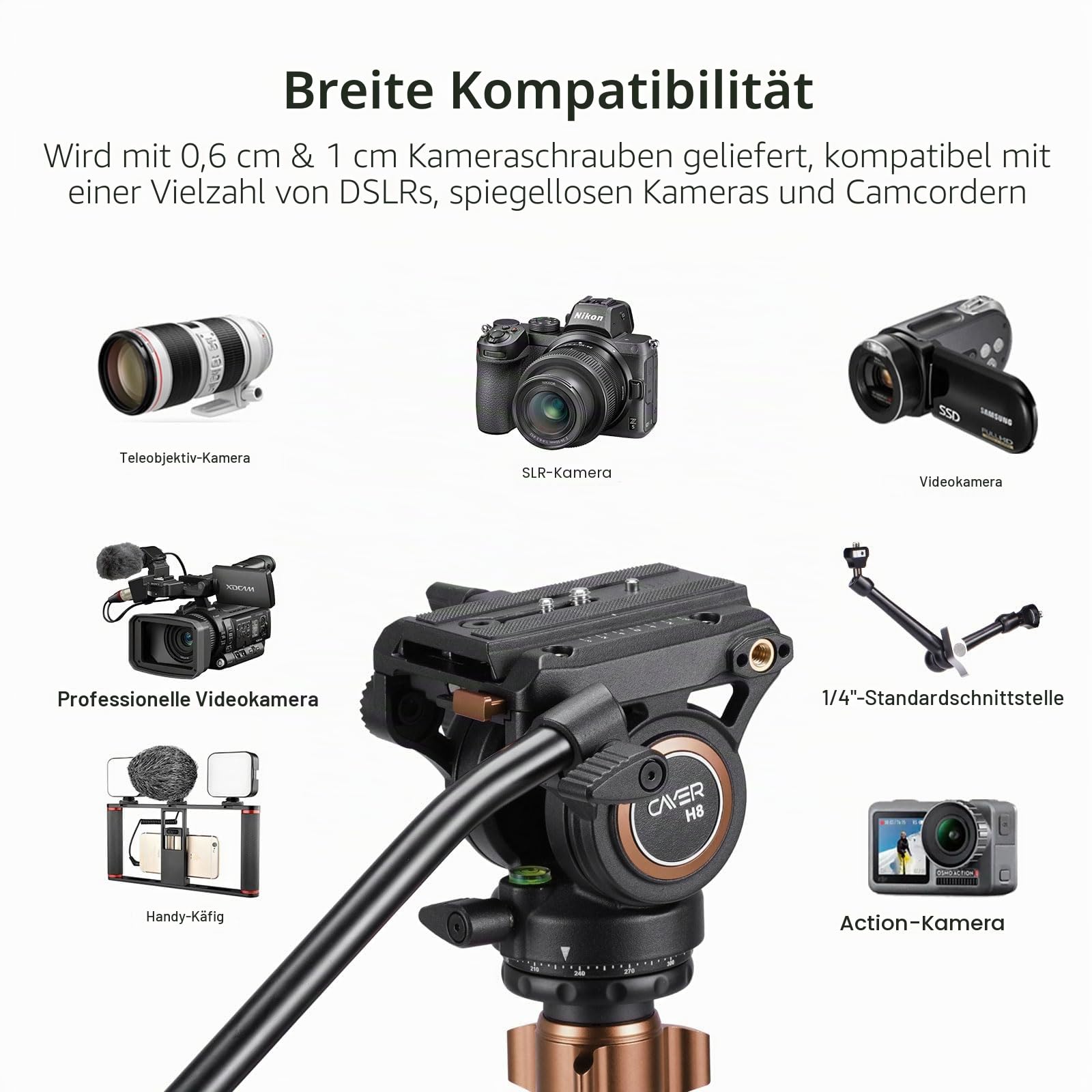 Fluidkopf, Videokamera Cayer H4 Stativ Panoramakopf mit Reibung für Spiegelreflexkamera Canon, Nikon, Sony, Olympus, Sony, mit Montageschrauben von 3/8 Zoll und 1/4 Zoll, Griff mit 2 Abschnitten