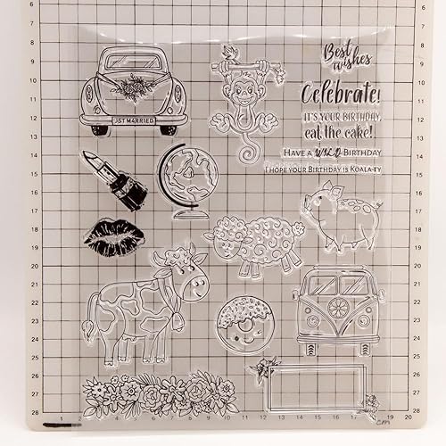 Miniatura 3 de Arbuya Sellos transparentes de cumpleaños de animales salvajes para diarios de arte o hacer tarjetas, mono, cerdo, oveja, vaca, autobús, sellos de