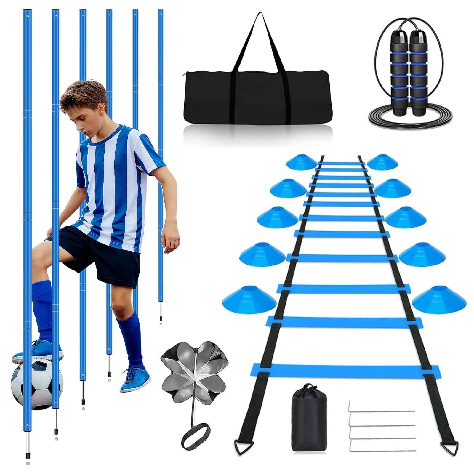 Set di accessori per allenamento da calcio, Slalom Poles 6 aste Slalom con scala di coordinazione 6 m, 12 cappelli, corda per saltare e paracadute, per allenamento di coordinazione, slalom, calcio