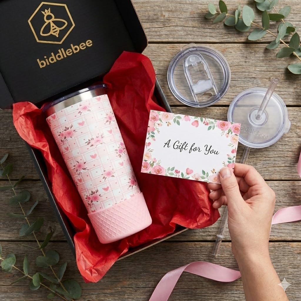 Biddlebee 20oz Tumbler Gift Set with Leakproof Coffee Lid, Straw Lid, and Protective Silicone Boot – Insulated Stainless Steel Travel Mug for Women, Pink Roses Plaid - Image 3