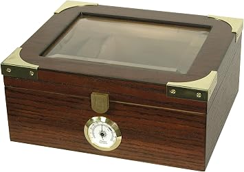Quality Importers Desktop Humidor, Capri Elegant, Tempered Glasstop, Spanish Cedar Divider, Brass Ring Glass Hygrometer, Holds 25 to 50 Cigars