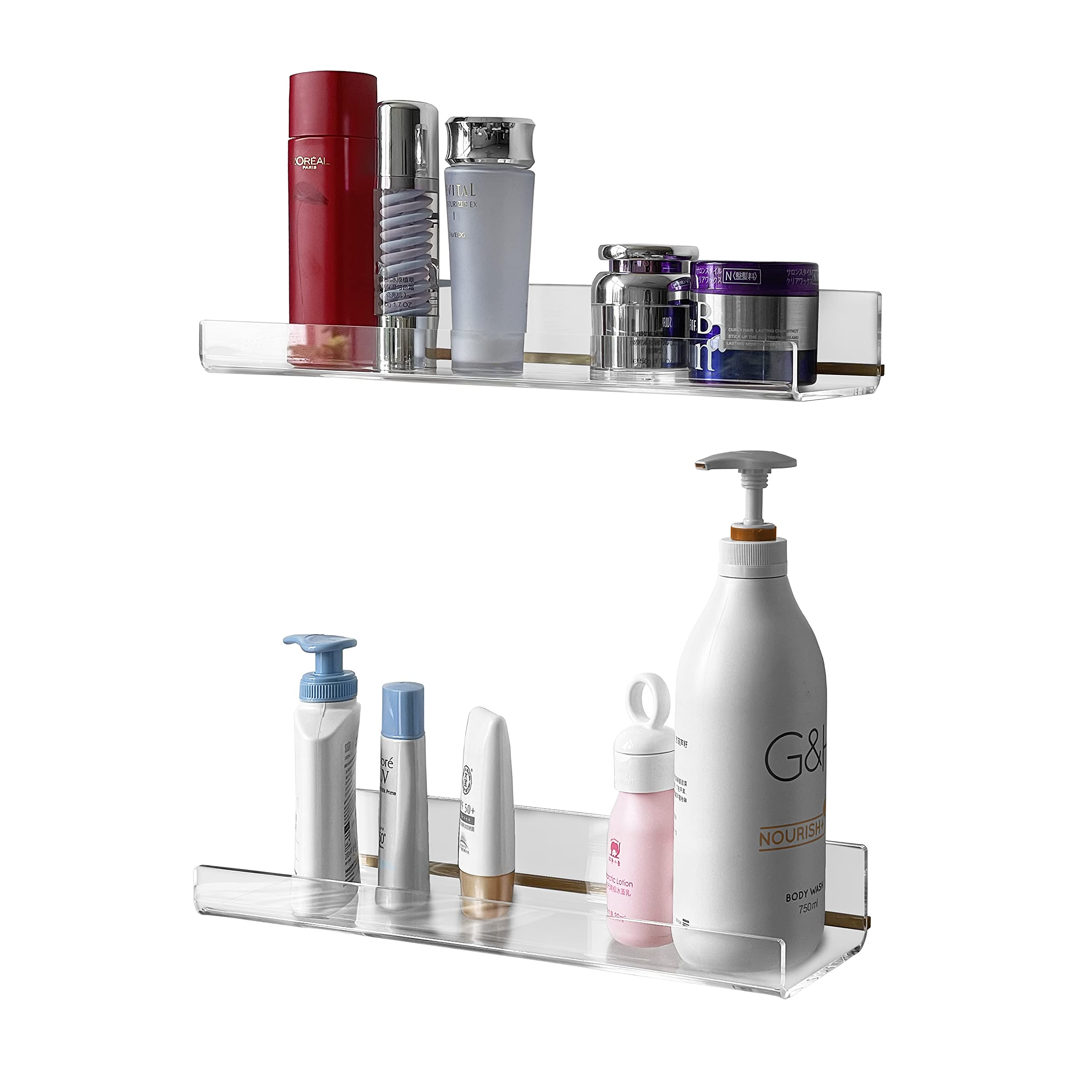 KOLYMAX 2 Pack Clear Acrylic Shelf 15" Floating Wall Ledge Bookshelf, Acrylic Wall Shelving Mounted Picture Ledge Display Toy Storage Shelves for Bathroom Living Room Kitchen Office