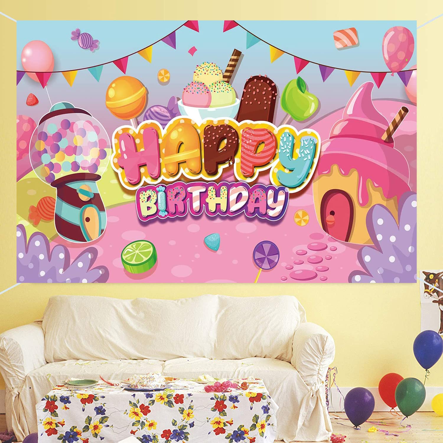 Happy Birthday Banner „Candy Land“ – 180x109 Cm, Baumwolle, Süßigkeiten-Motiv Für Mädchengeburtstag Oder Dessert-Party