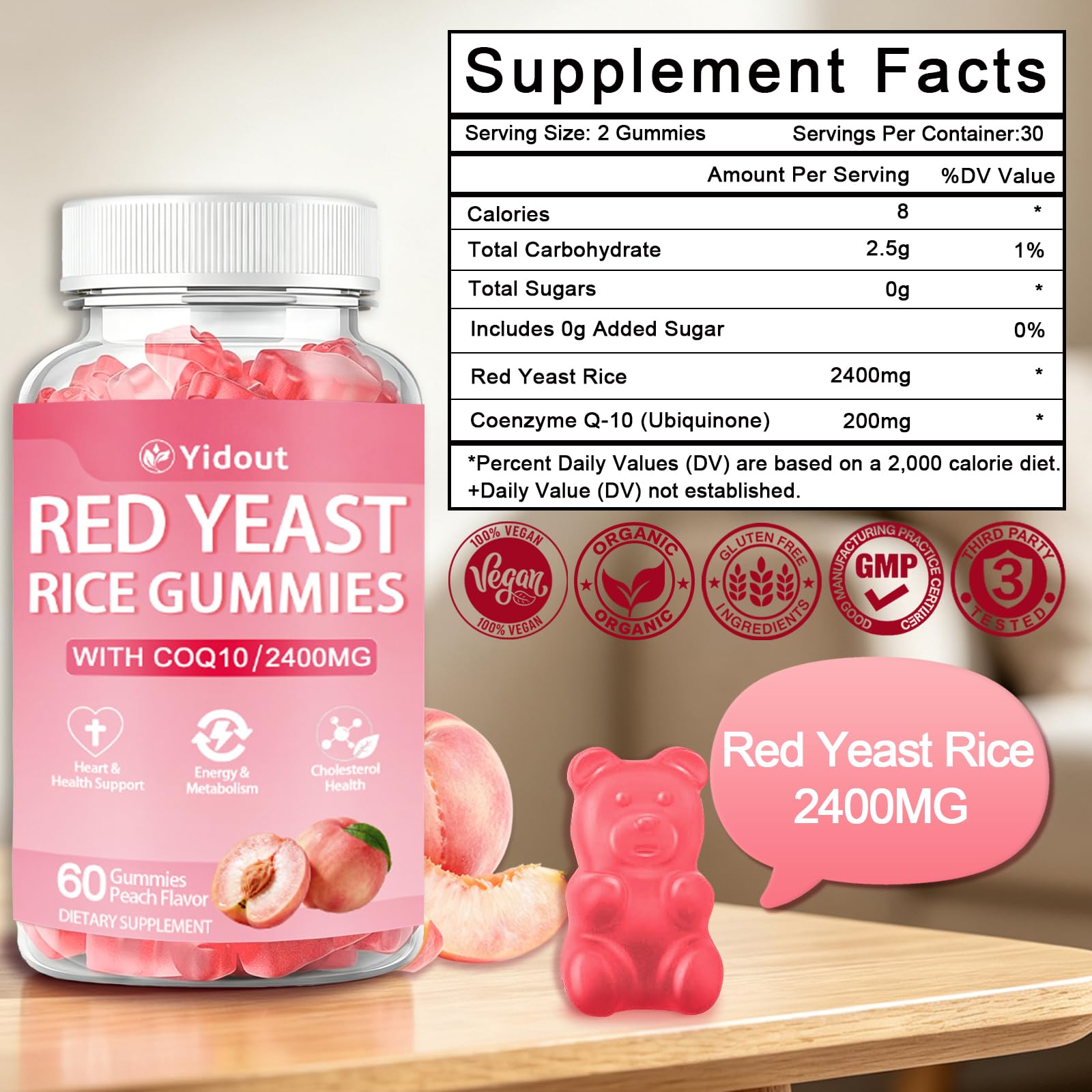 Red Yeast Rice Peach Chews, Vegan Daily Cholesterol Wellness Supplement (60 Count (Pack of 2)) — Amazon image 2